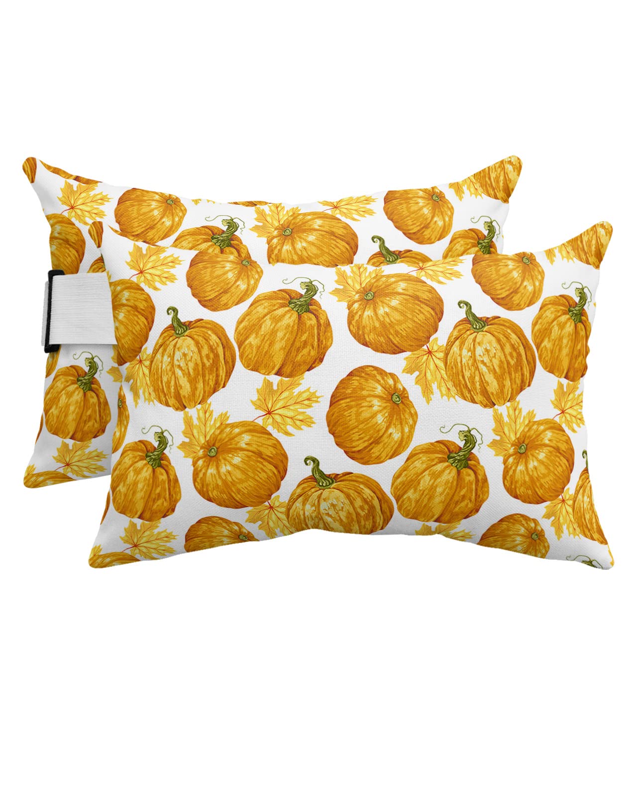 Pack of 4 Fall Pumpkins Lumbar Pillow Covers, Outdoor Waterproof Throw Pillow Covers Set, Orange Hand Drawn Aumpkin Thanksgiving Decorative Cushion Case for Patio Beach, 12x20 Inch