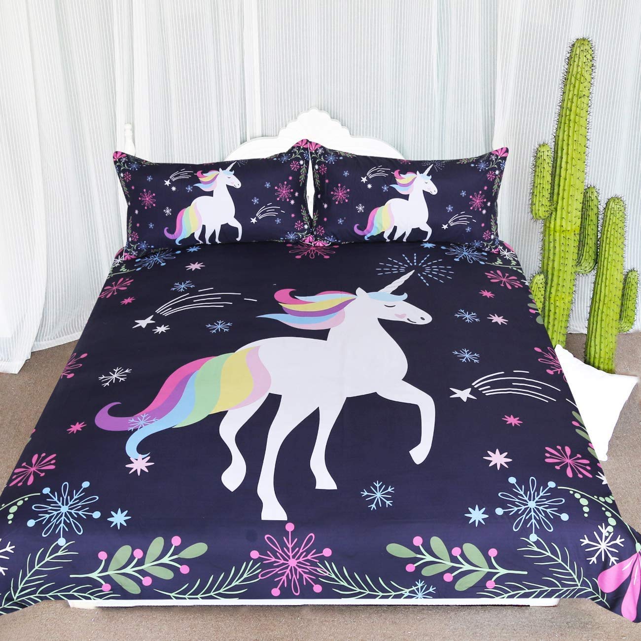 ARIGHTEX Bedding Duvet Cover Sets Unicorn Twin Bedding Sets for Girls Rainbow Unicorn Bed Set Woodland Forest Purple Flower Print Horse Bedding 3 Piece Zipper Closure