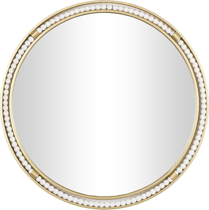 Metal Room Wall Mirror Entryway Mirror with White Wood Beading, Wall Mounted Mirror 26" x 1" x 26", Gold