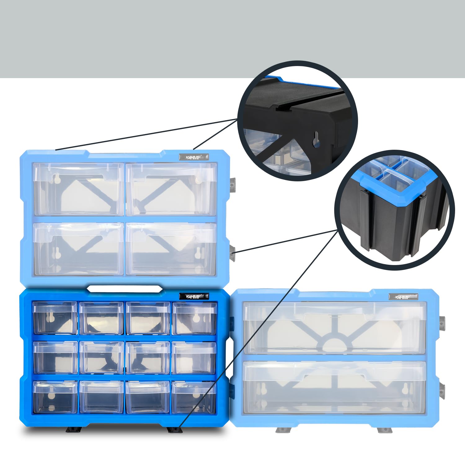 HMF Scatola organizzatrice per minuteria con 12 cassetti, cassettiera portaminuteria espandibile per viti e utensili | 24 scomparti | 29,5 x 19,5 x 16 cm | Blu-Nero