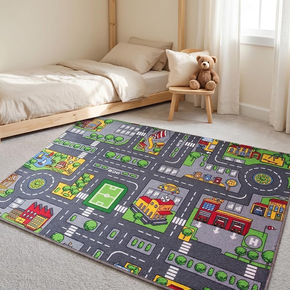 WFKKMEQ Car Rug, Car Playmat for Kids Cars Game Rugs Play Mats City Playmat Rug Toy Pay Mat with Non-Slip Base Play Carpet Floor Mats for Bedroom Classroom Playroom (80x120cm)