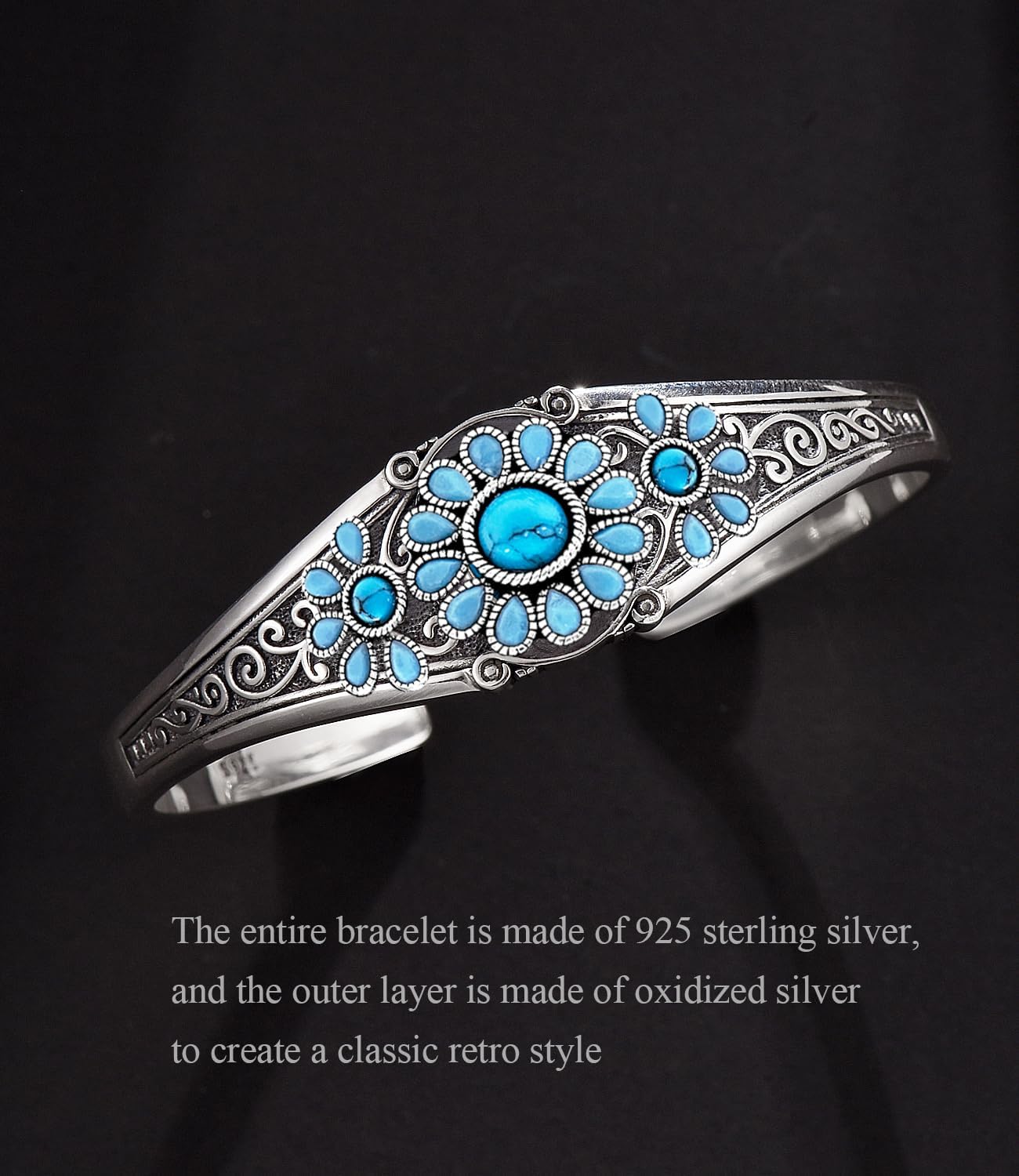 925 Sterling Silver Native American Turquoise Bracelet Cuff for Women Southwestern Squash Blossom Indian Jewelry Adjustable Bangle