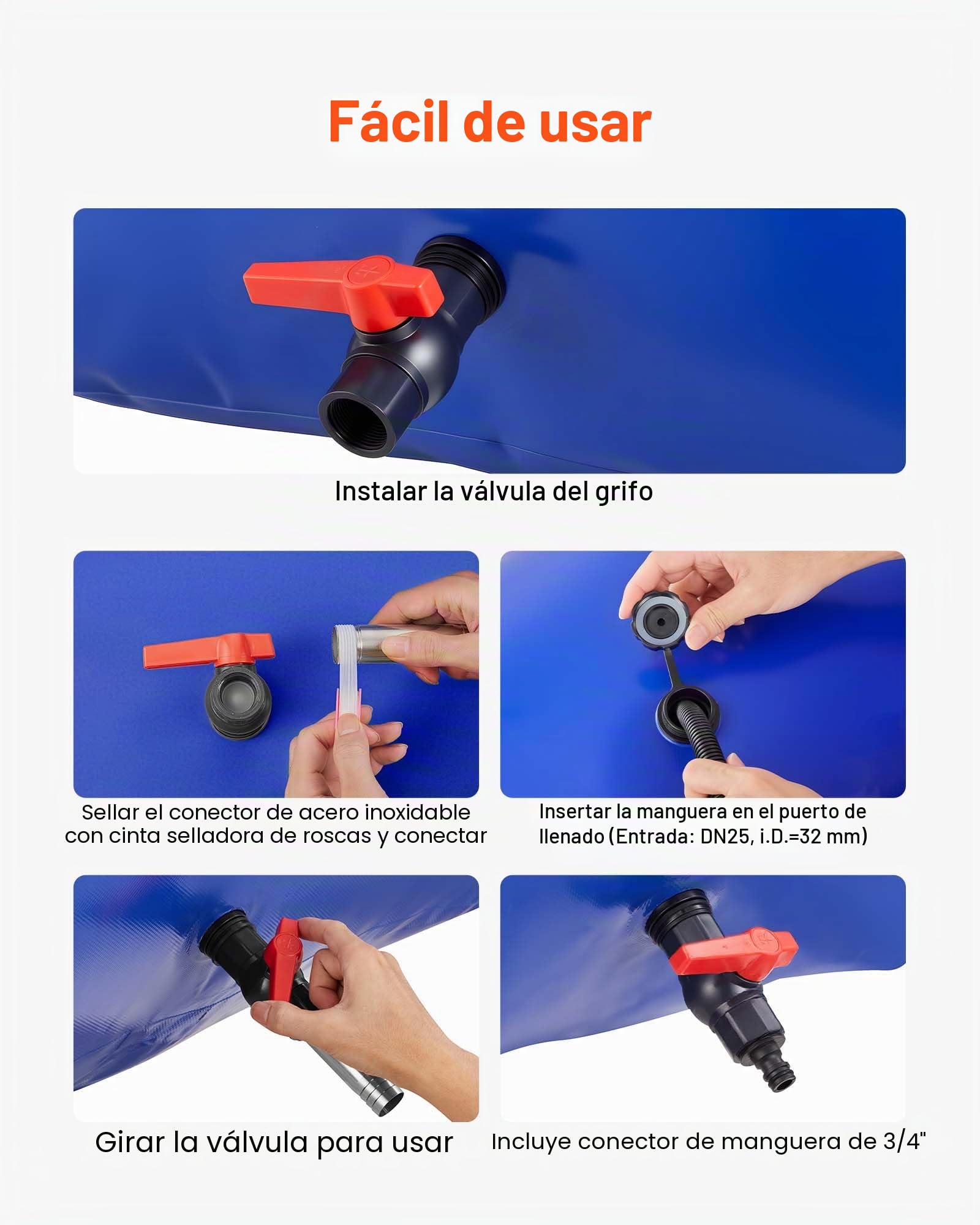 VEVOR ​Vejiga del Almacenamiento de Agua con Válvula, Bolsa de Agua Portátil y Plegable, Resistente a Fugas, para Autocaravanas, Camiones, Uso en Exteriores (Azul, 1000L)