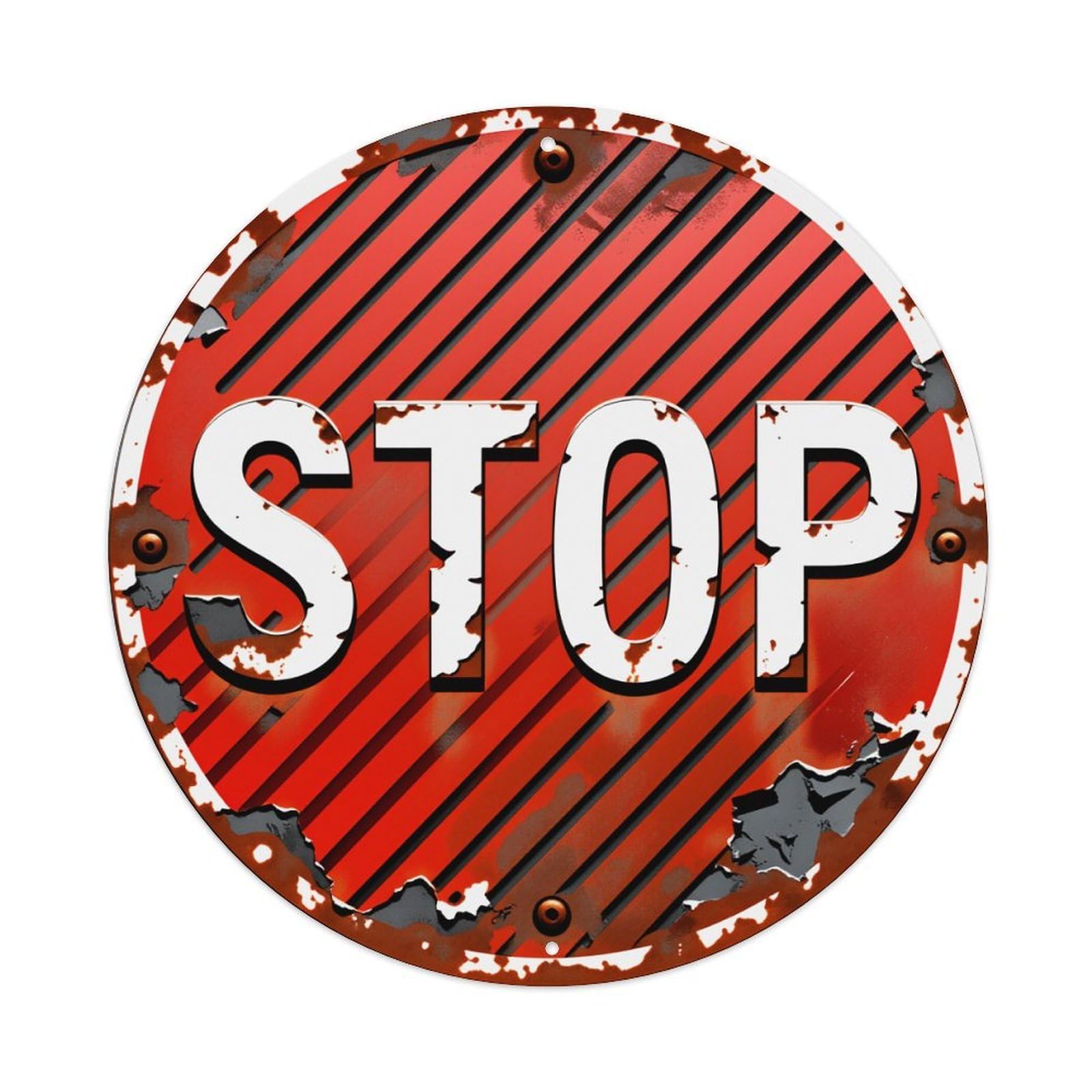 Red Striped Metal Stop Sign With Rust And Chipped Paint Round Vintage Tin Sign,Retro Wall Art,Metal Poster for Home, Bar, Garage, Cafe, Rustic Indoor & Outdoor Decor, 8x8 Inches