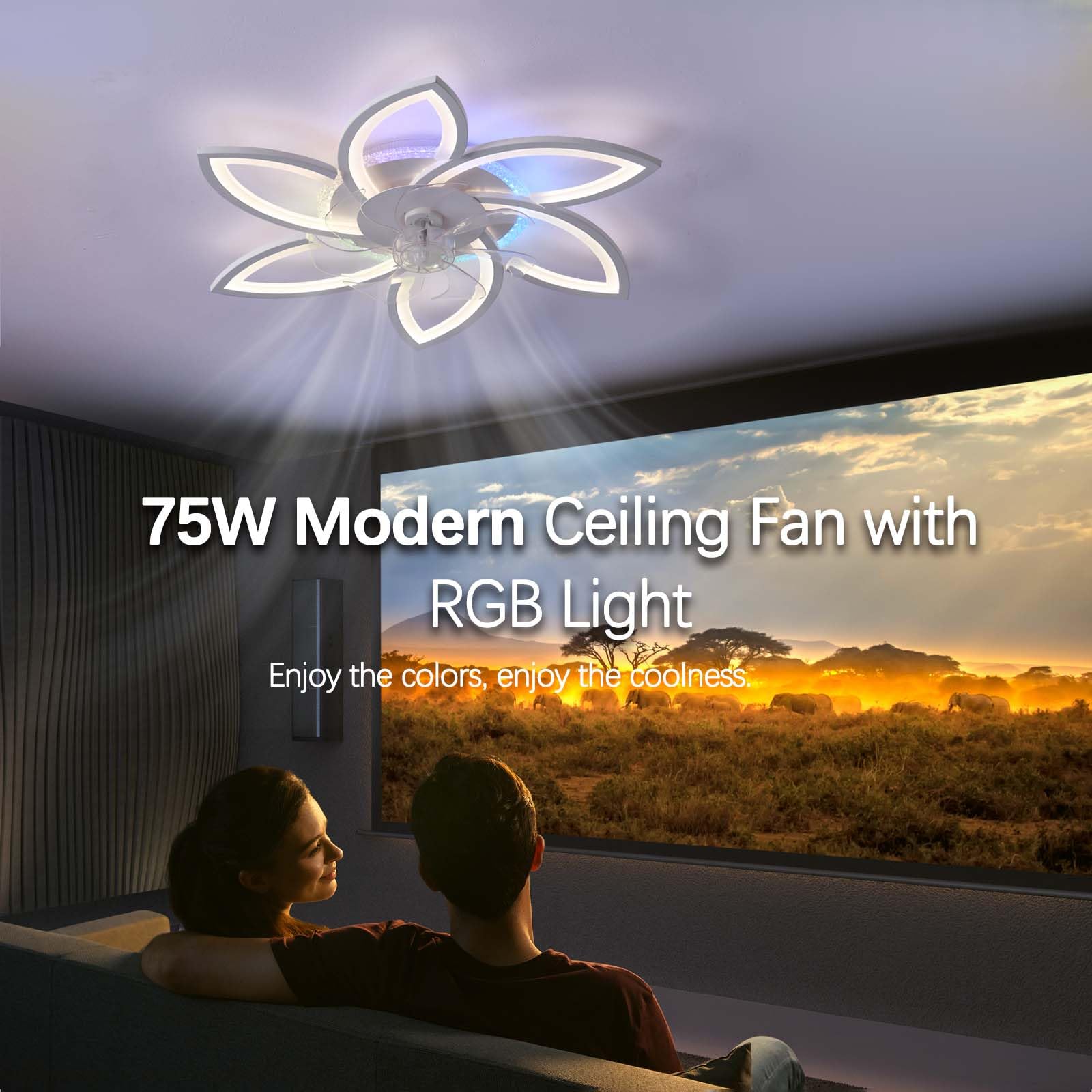 Ventilatore da Soffitto con Luce RGB Dimmerabile con Telecomando APP,Lampada Ventilatore con Reversibile di Fiore con Silenzioso,Lampadina Ventilatore 6 Velocità con Tempistica,per Soggiorni