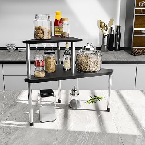 Vista 28 de Weenson Organizador de baño, estante esquinero para encimera, 2 niveles, organizador de especias de bambú, organizador de encimera de cocina