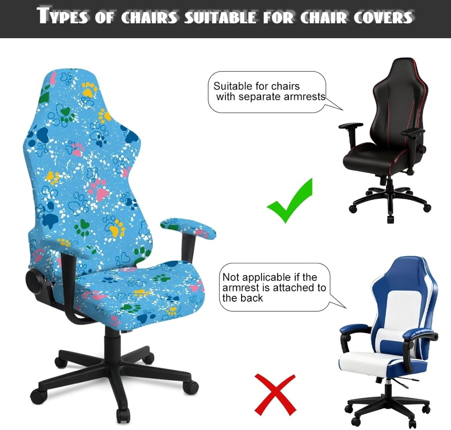 Blue Dog Paw Print Stretch Gaming Chair Slipcovers with Armrest Covers Gamer Chair Covers Anti-Dust Swivel Boss Armchair Protector Cover