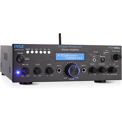 Pyle Wireless Bluetooth Power Amplifier System - 200W Dual Channel Sound Audio Stereo Receiver w/ USB, SD, AUX, MIC IN w/ Echo, Radio, LCD - For Home Theater Entertainment via RCA, Studio Use - PDA6BU