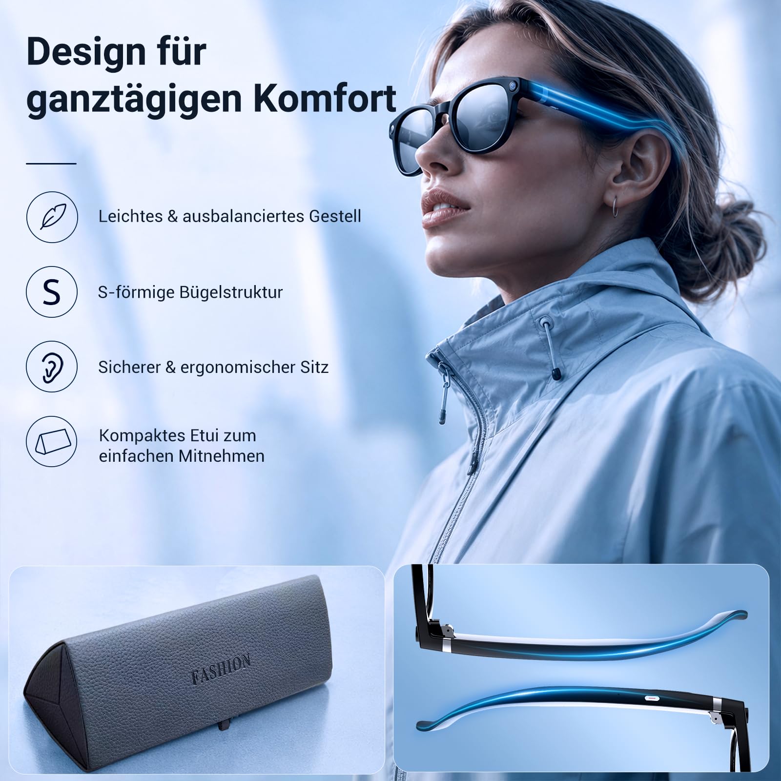 KI Brille mit Kamera, 8MP Kamera, 1080P HD Videoaufnahme mit EIS, Open-Ear Audio, ChatGPT KI, Echtzeitübersetzung, Objekterkennung, selbsttönende Brillengläser mit Blaulicht- und UV-Schutz