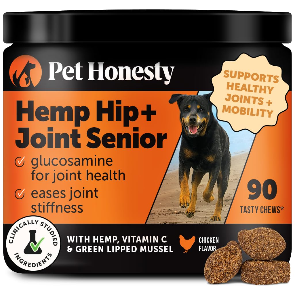 Senior Hemp Hip & Joint Supplement for Dogs - Dog Joint Supplement with Hemp Oil & Powder, Glucosamine, Collagen, MSM & Green Lipped Mussel - Mobility for Senior Dogs (Chicken 90)