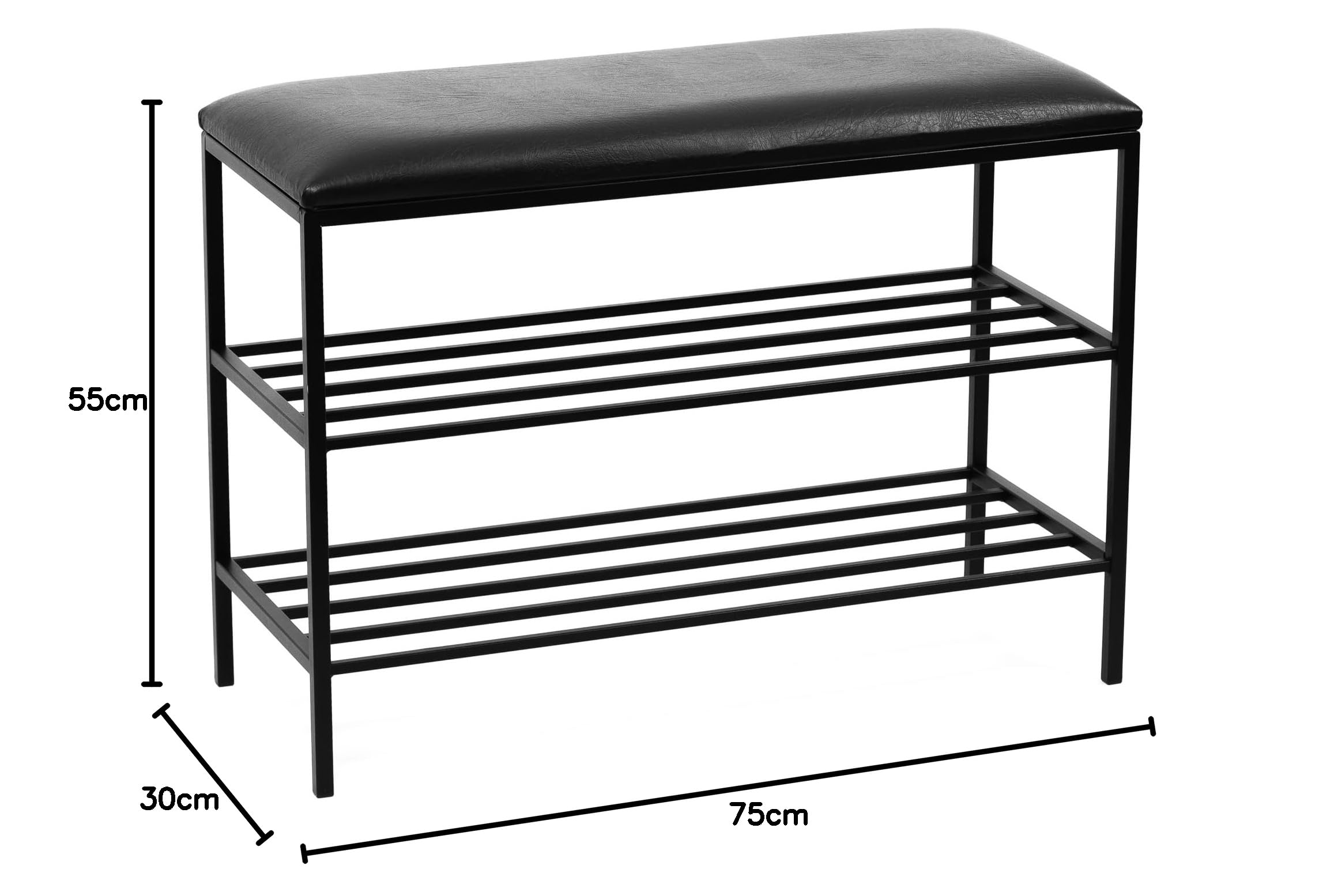 Ławka na Buty z Siedziskiem - Stojak na Buty - 75x30x55cm - z Metalu, 2 półki, bez Montażu - Ławka do Przedpokoju POSTO Czarny z Czarnym Siedziskiem ze Sztucznej Skóry, 15mm Metalowa Rama