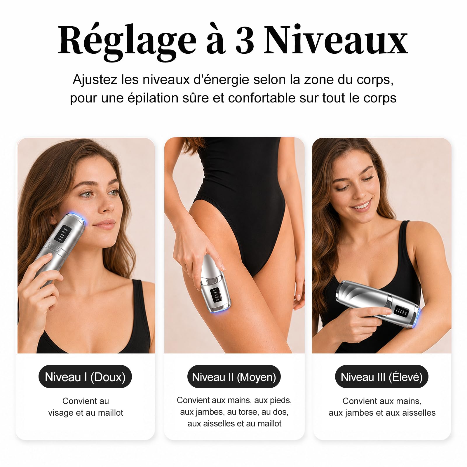 Épilateur Lumière Pulsée, 999,999 Flashs Laser Epilation Definitive, 3 Niveaux Énergie Lumière Pulsée, Résultats Durables, Épilation Laser pour Femme et Homme, Aisselles, Bikini, Corps