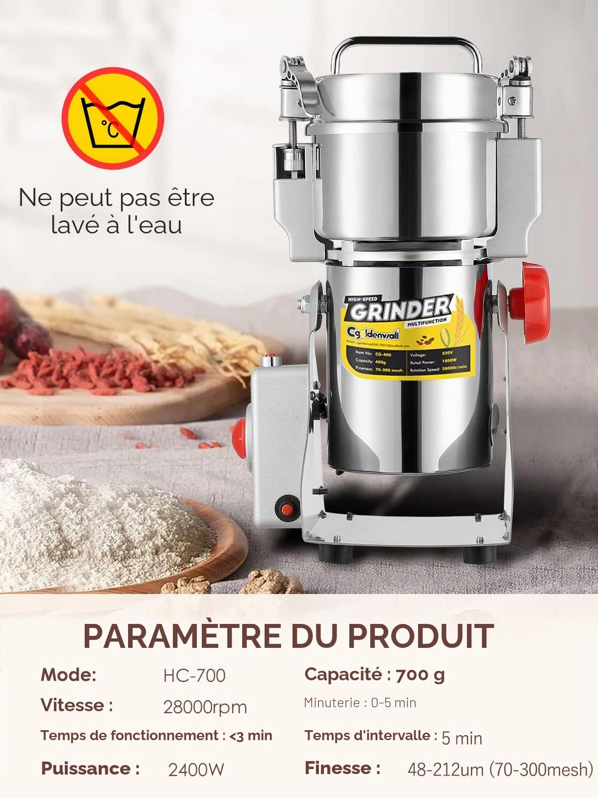 CGOLDENWALL 700g Moulin à Céréales Grains Électrique Ultrafin Broyeur à Épice pour Maïs/Café/Riz 28000RPM Haute Vitesse avec Open-Cover-Stop, Minuterie Contrôle, 2400W Commerciale Moteur