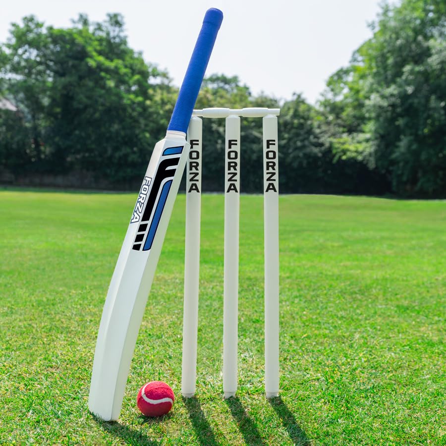 FORZA Ensemble de cricket en bois - Batte de cricket en saule du Cachemire et balle de tennis, kit complet de cricket de jardin junior avec souches, cautions et sac de transport robuste