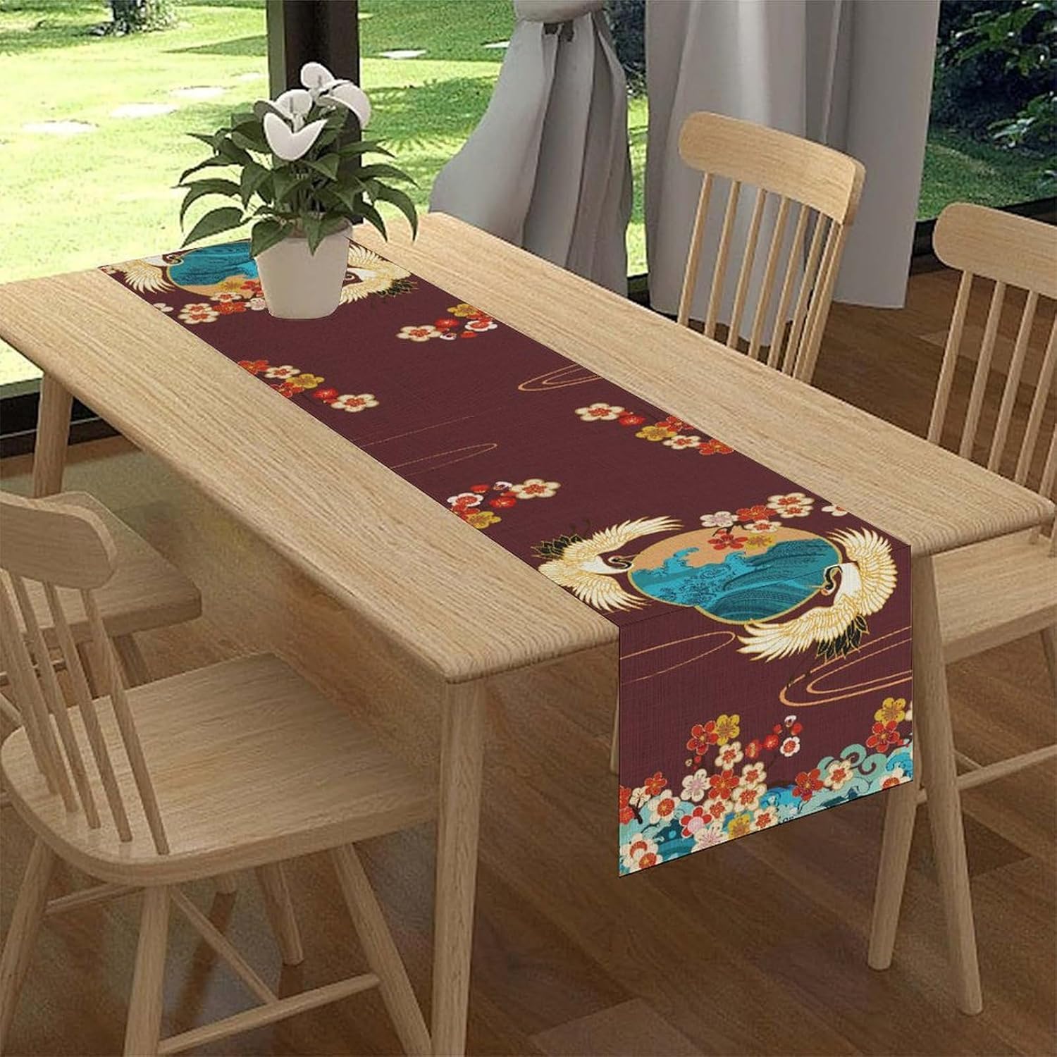 Japanese Table Runner, Cherry Blossom Asian Pine Tree Crane Birds Anime Nature Vintage Asian Oriental Chinese Elegant Table Center Decor for Home Kitchen Dining Patio Indoor Outdoor, 13"x108" Inch