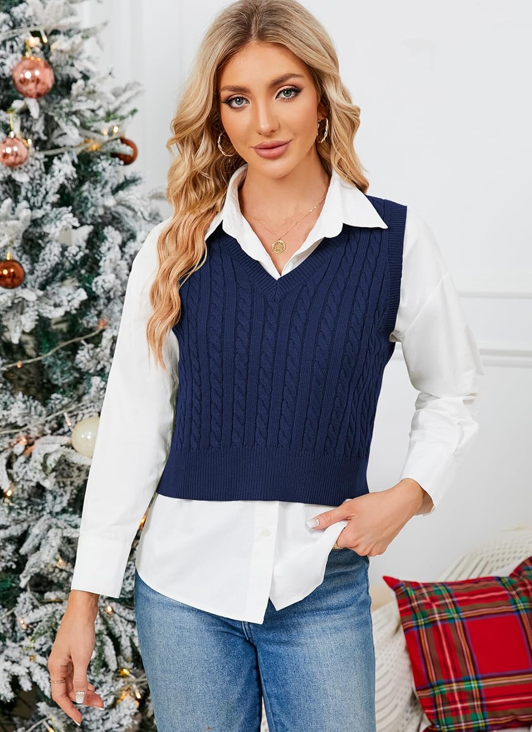 HOCOSIT Women's Knitted V-Neck Vest Argyle Plaid Preppy Style Sleeveless Pullover Crop Sweater Vest - Image 2