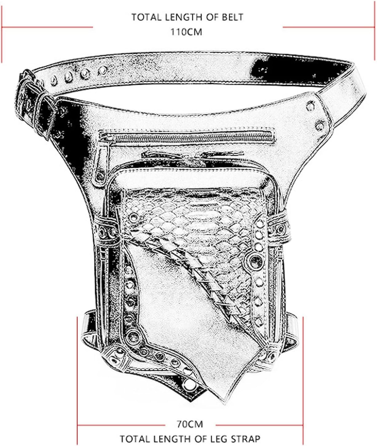 ゴシック スチームパンク ウエストバッグ レディース、リベット付きPUレザー クロスボディバッグ、調節可能なパンクサイドバッグ、ブラ