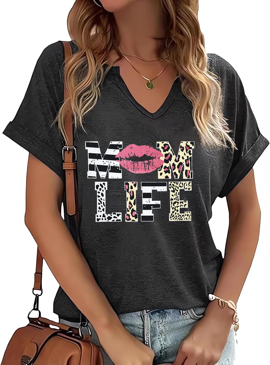 Mother's Day V Neck Shirt for Women Funny Mom Mama Mommy Graphic Tee Shirts Summer Casual Tops Blouses