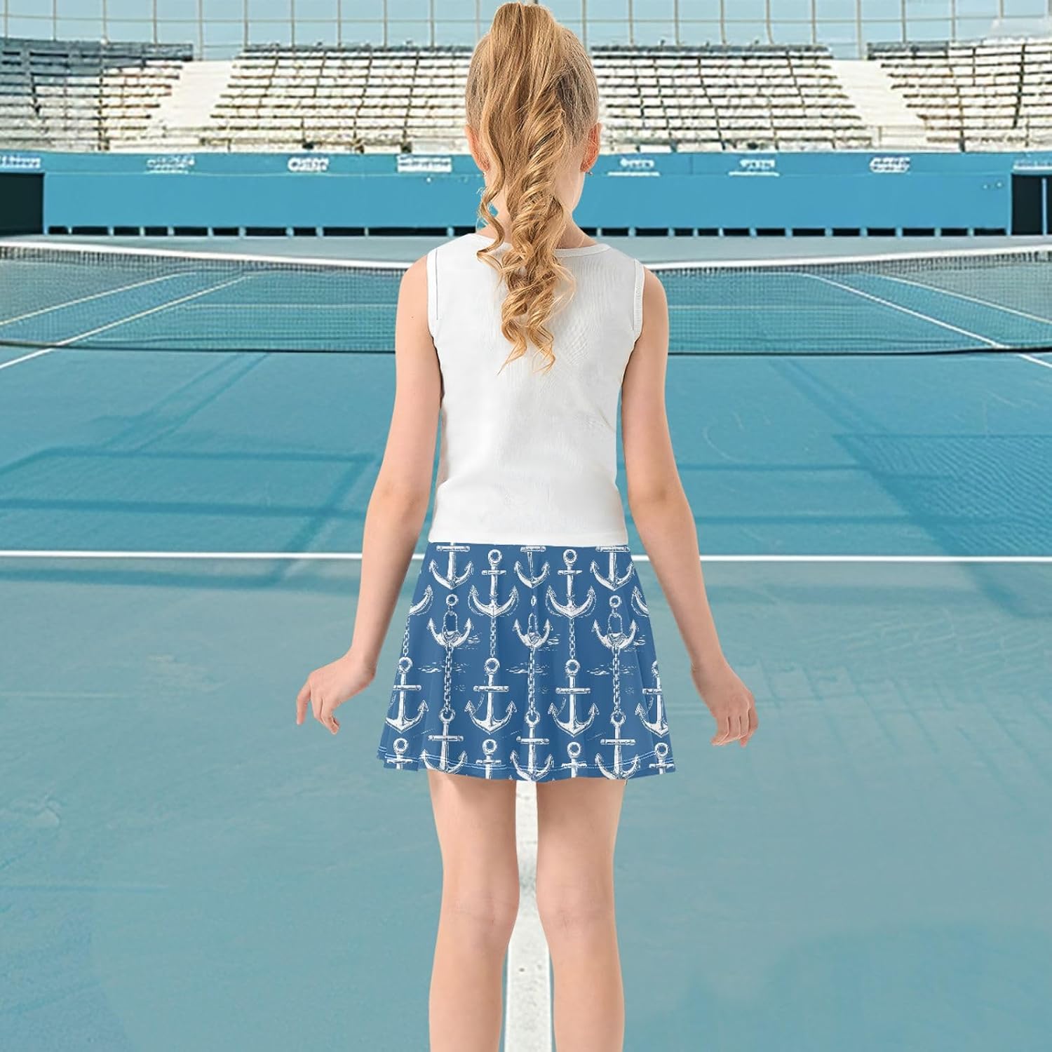 visesunny Navy Blue Ship Anchor Girl's Golf Skirt Athletic Tennis Skort Sport Activewear with Double Layer Pockets