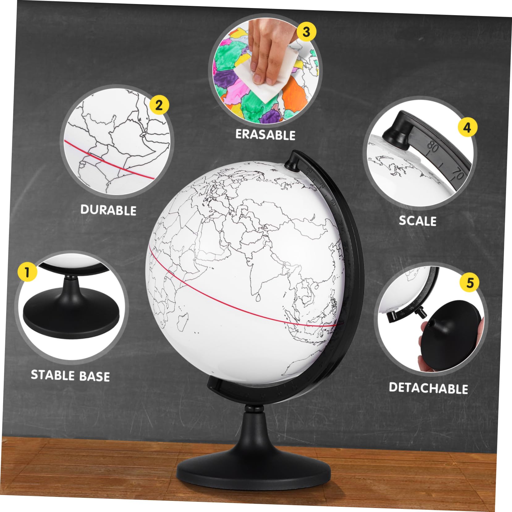 Globe Terrestre Interactif Pour Enfants - Vierge à Colorier, Effaçable, Avec Support - Outil Pédagogique - 3