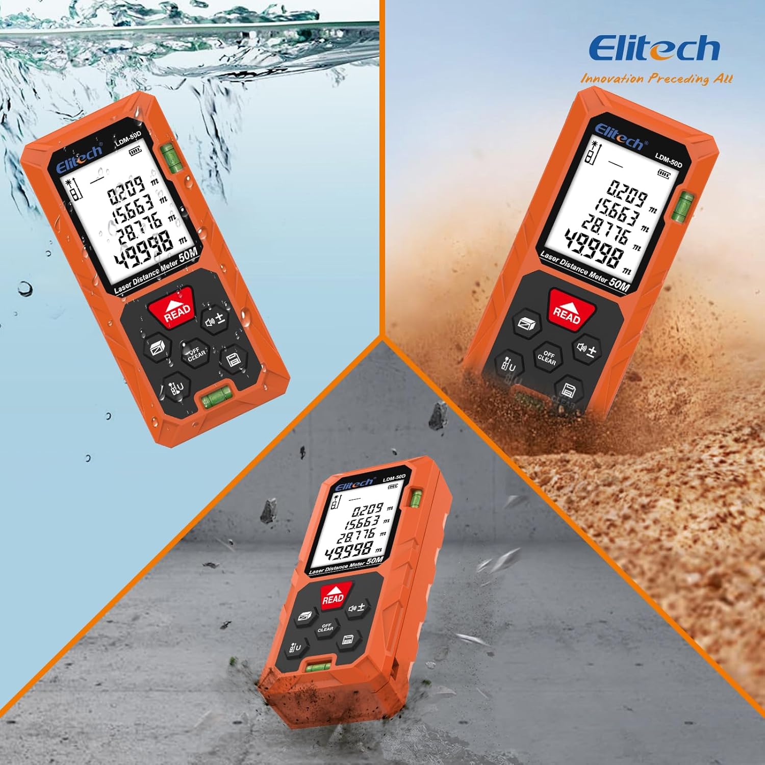 Image demonstrating the Elitech EU-LDM-50D Laser Distance Meter's resistance to water, dust, and drops.