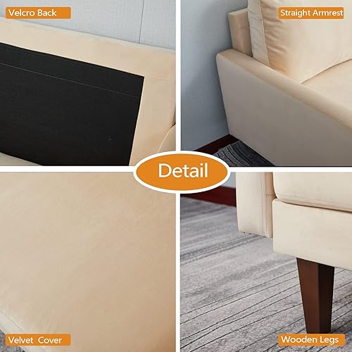 Miniatura 5 de INSTORY Sofá de terciopelo de mediados de siglo moderno sofá copetudo con patas de madera para sala de estar, color beige