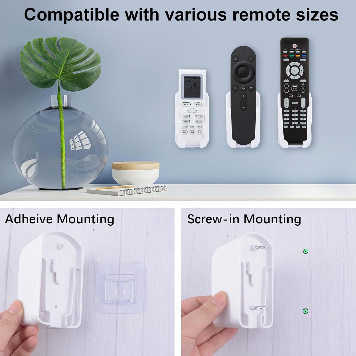 Ceiling Fan Remote Wall Mount Holder 1 Pack Universal Remote Control Keeper with Screws & Adhesive AC/TV/Fan Remotes Bracket for Home Office School (White)