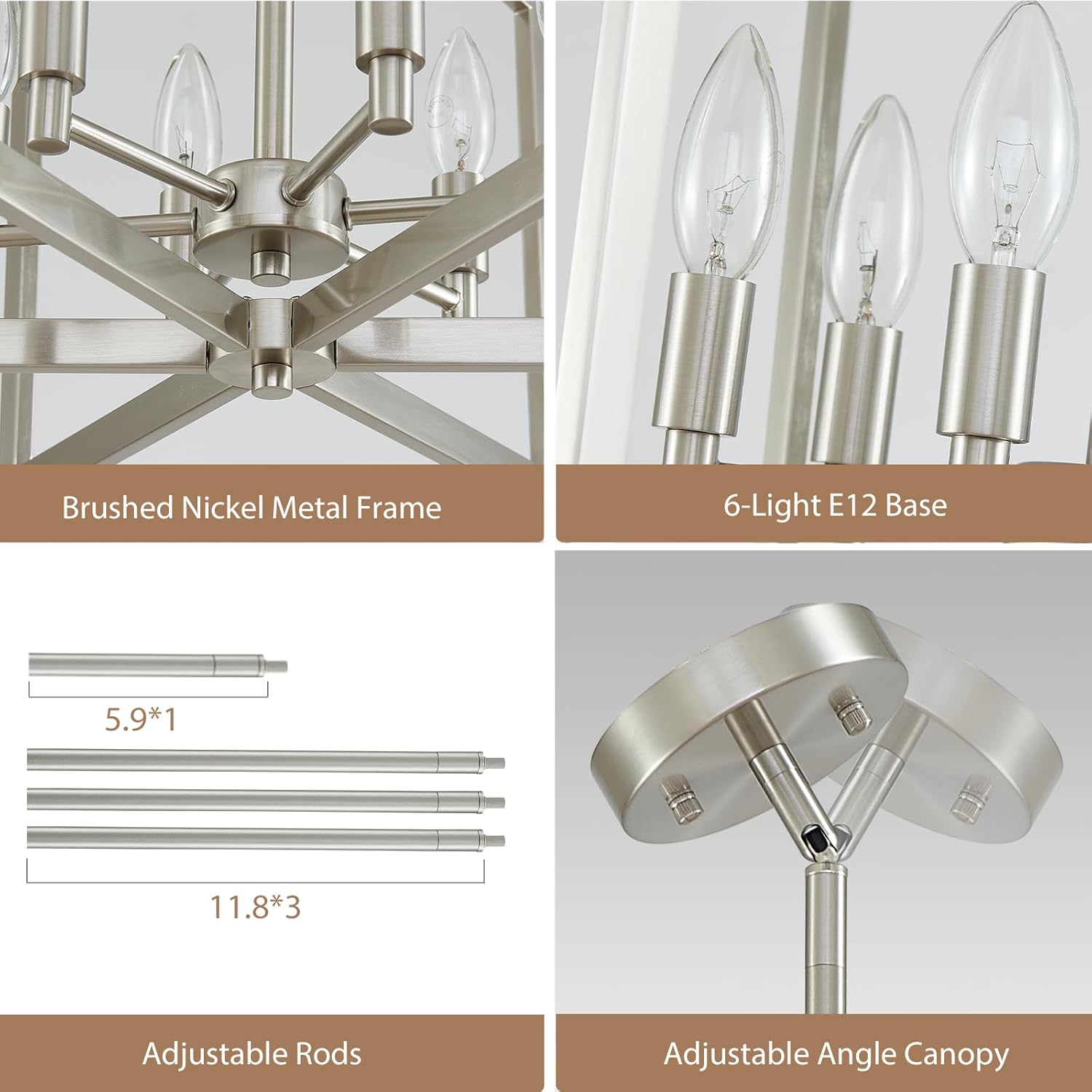 Brushed Nickel Chandelier 6-Light, Dining Room Light Fixture Geometric Metal Modern Chandelier Lighting for Kitchen Island Living Room Entryway, 20 Inch Pendant Lighting Hanging Ceiling Lamp