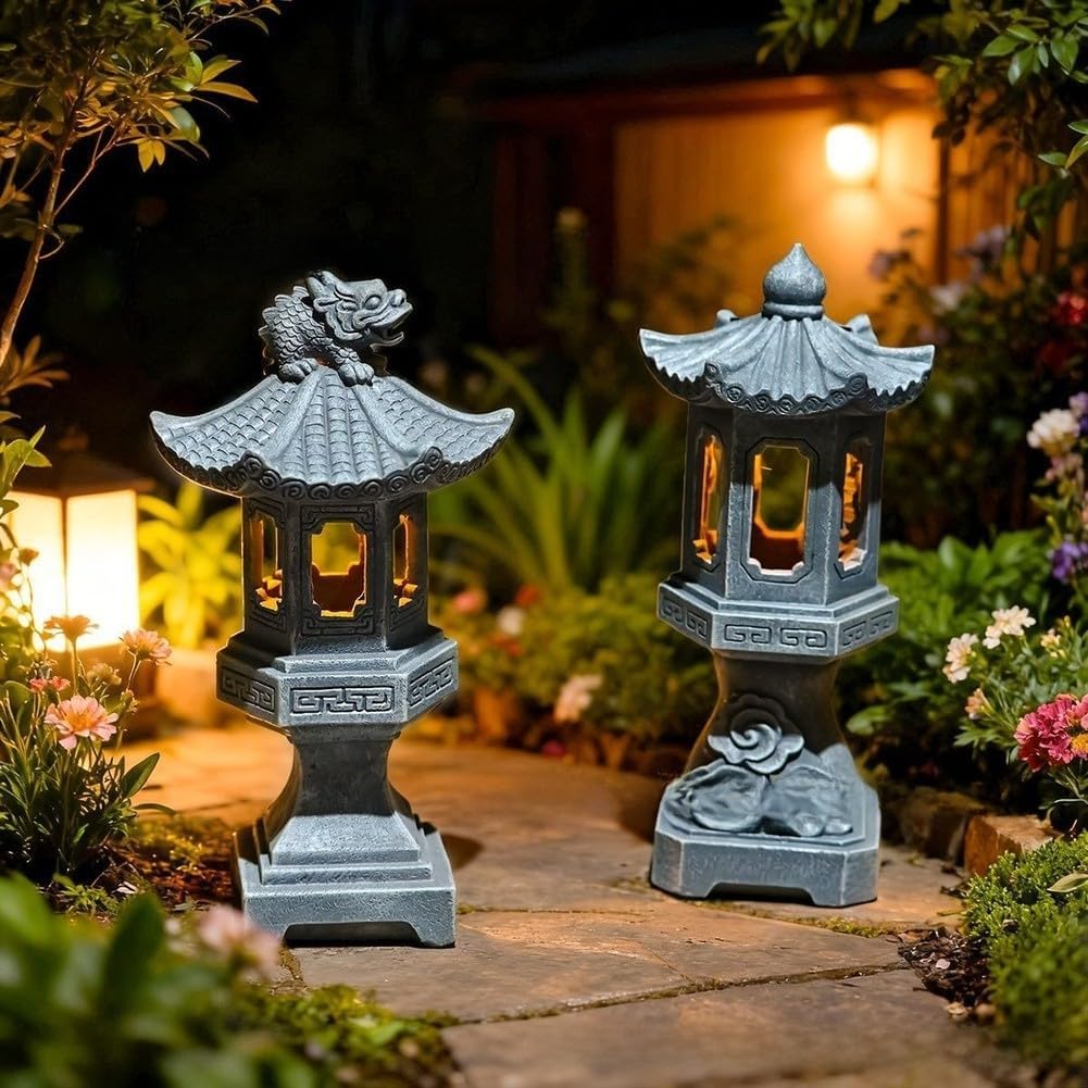 Resin Pagoda Lamp Outdoor Gardens, Zen Spire Decorative Light with Texture & IP44 Waterproof, Automatic Day/Operat(A)(A)
