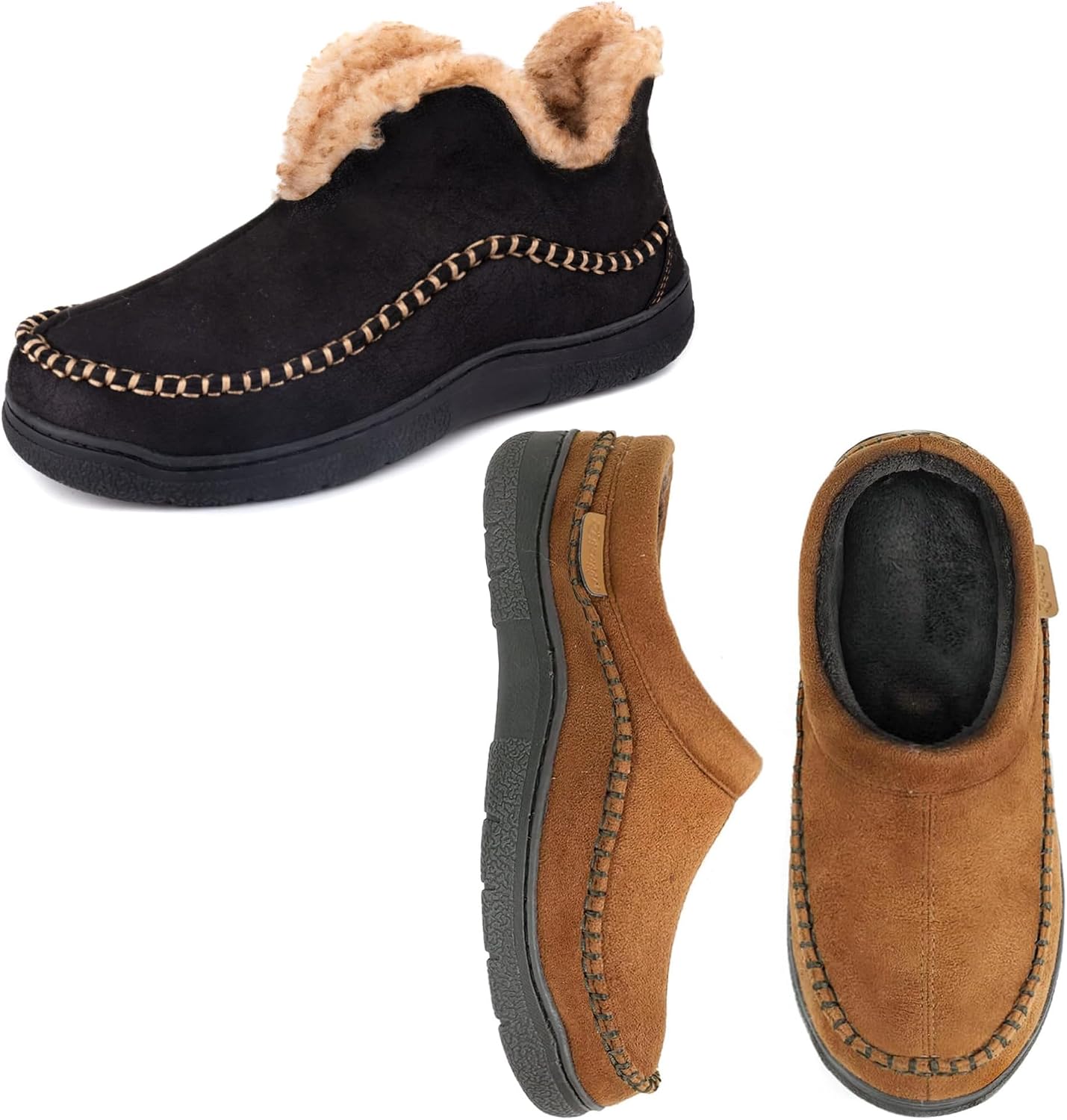 Two Styles for Men Set of 2 Pairs Size 11-12&11,Men's Slip On Moccasin Slippers, Indoor/Outdoor Warm Fuzzy Comfy House Shoes, Fluffy Wide Loafer Slippers,Cold Tawny&Black