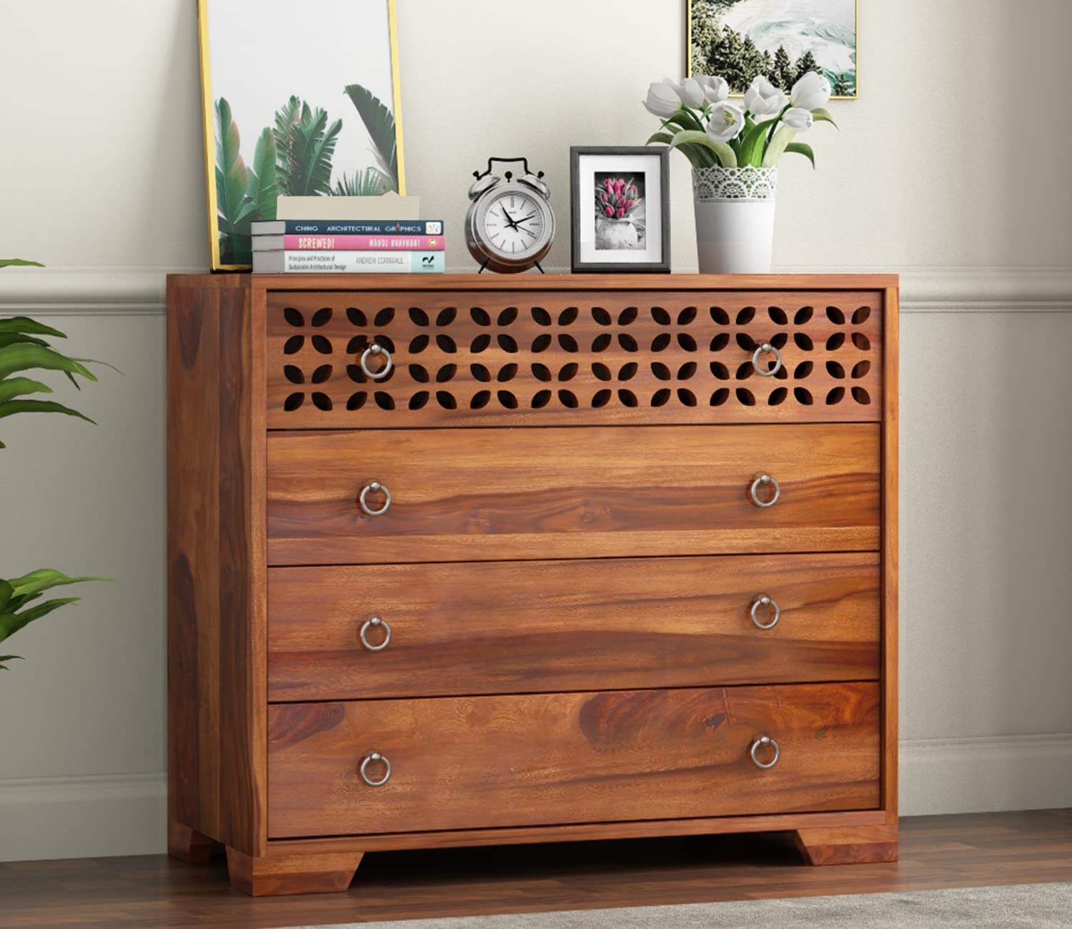 Handcrafted Sheesham Wood Dressers Chests of 4 Drawers | Kitchen Crockery Cabinet Unit Sideboard Storage Cabinets Bedroom Furniture Wooden Walnut Finish-image-25