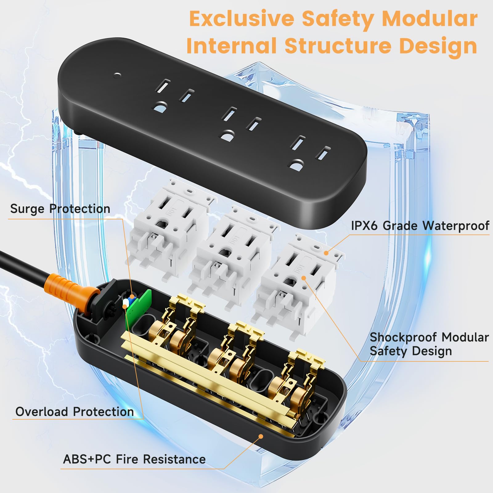Regleta de alimentación para exteriores, resistente a la intemperie, cable de extensión de 6 pies, 3 salidas de CA, protector de sobretensión, impermeable, compacto para el hogar, oficina, cocina