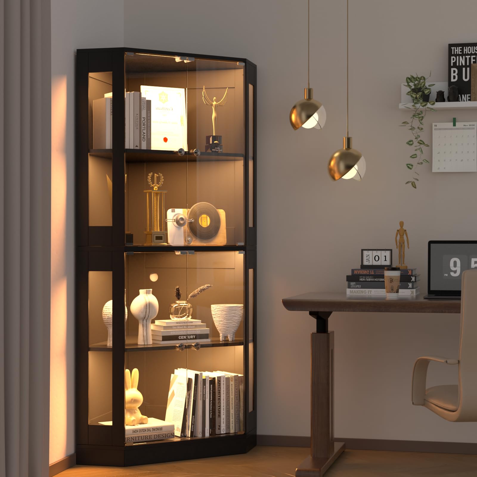 VOWNER Eck-Vitrine 165cm mit LED-Beleuchtung & Intelligente Sensorik, 4-stufige Schauvitrine, Glasvitrine für Wohnzimmer & Büro Sammlerstücke, Spirituosen (Schwarz, 4 Regalböden)