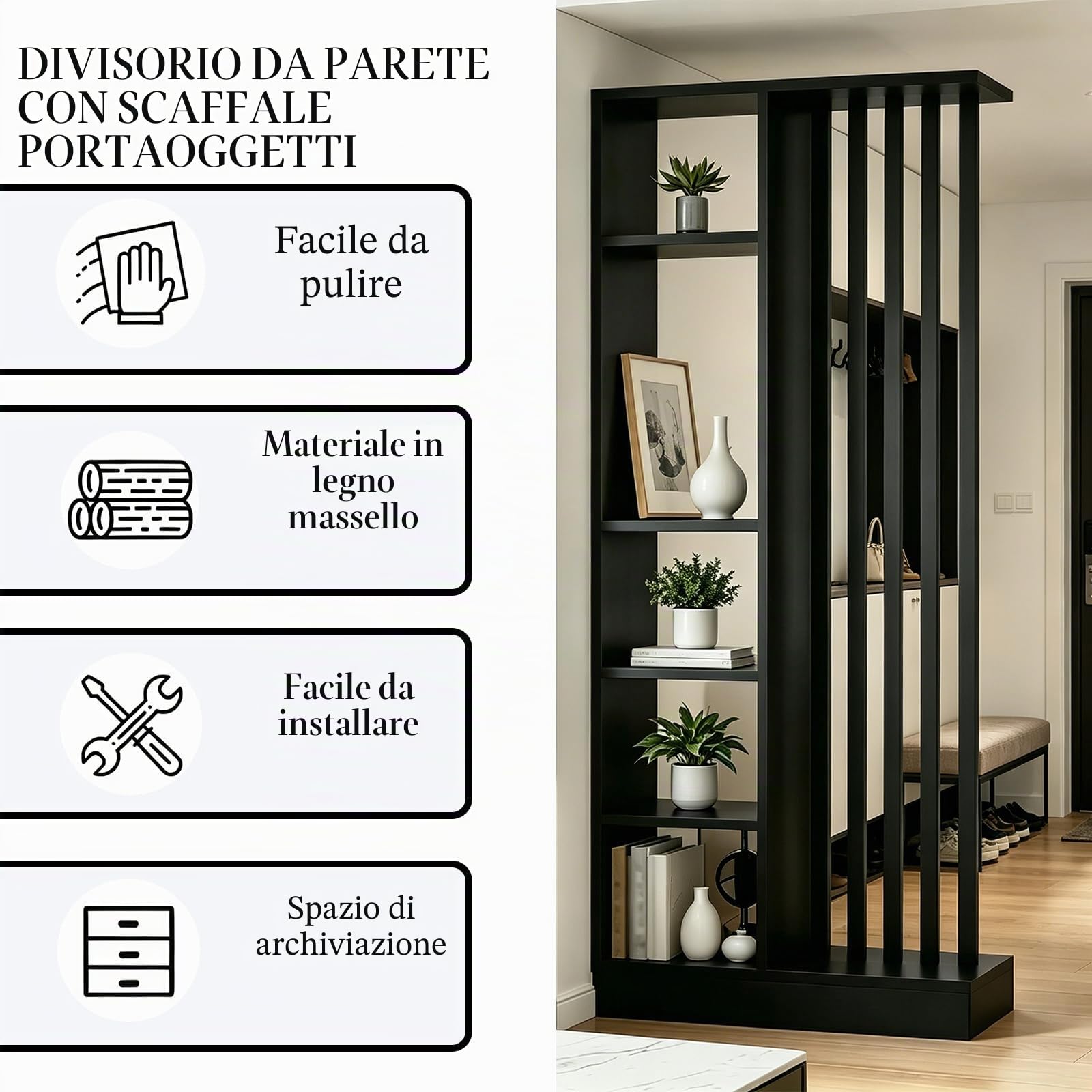 Divisorio a parete con ripiano contenitore (A Bianco, 120 cm)