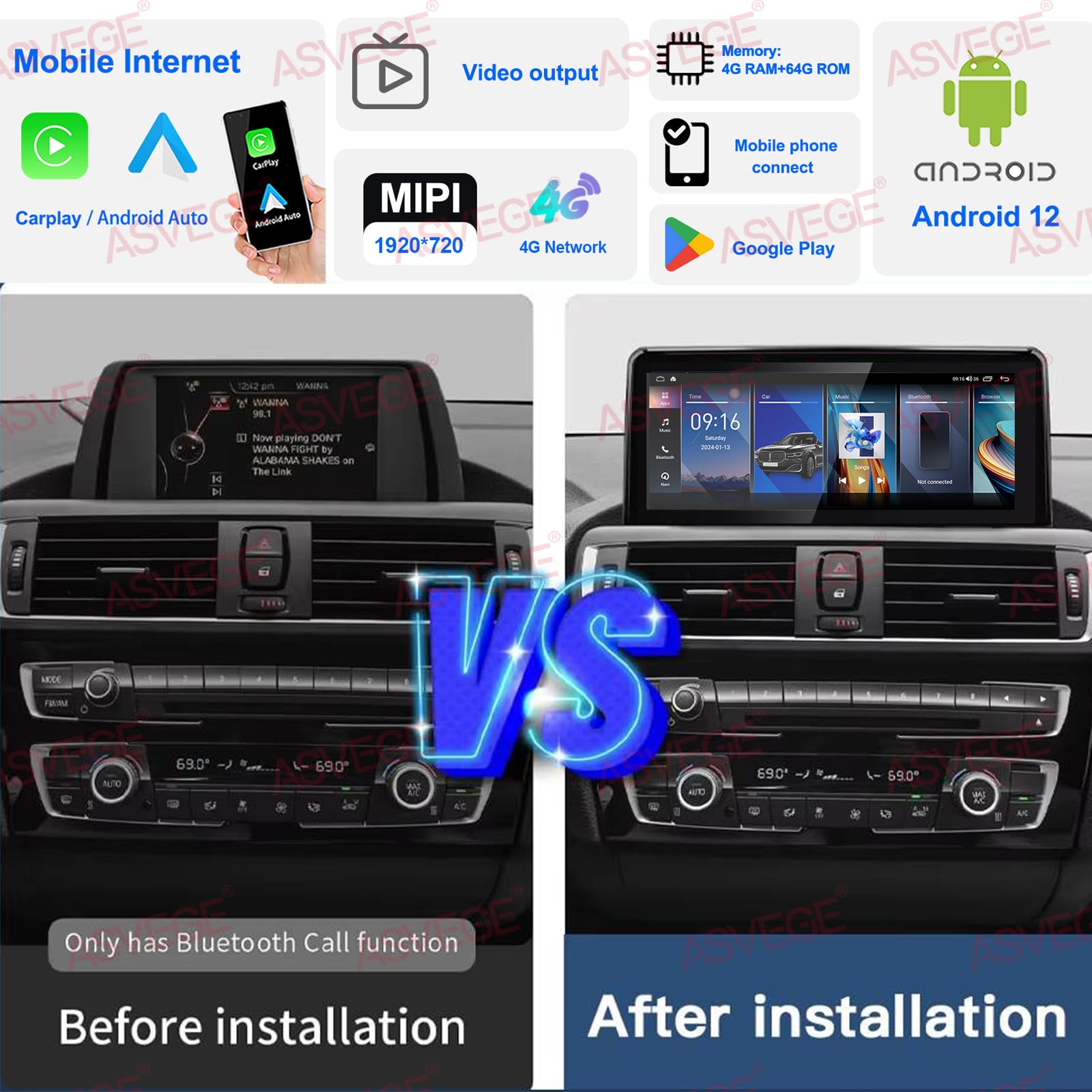 ASVEGE 4+64GB Android 13 Autoradio Navigatore per BMW F20/F30/F21/F31 Serie 1/3 (2012-2017) NBT-10.25“Touchscreen 8 Core con CarPlay Wireless/Android Auto 4G Wifi Bluetooth