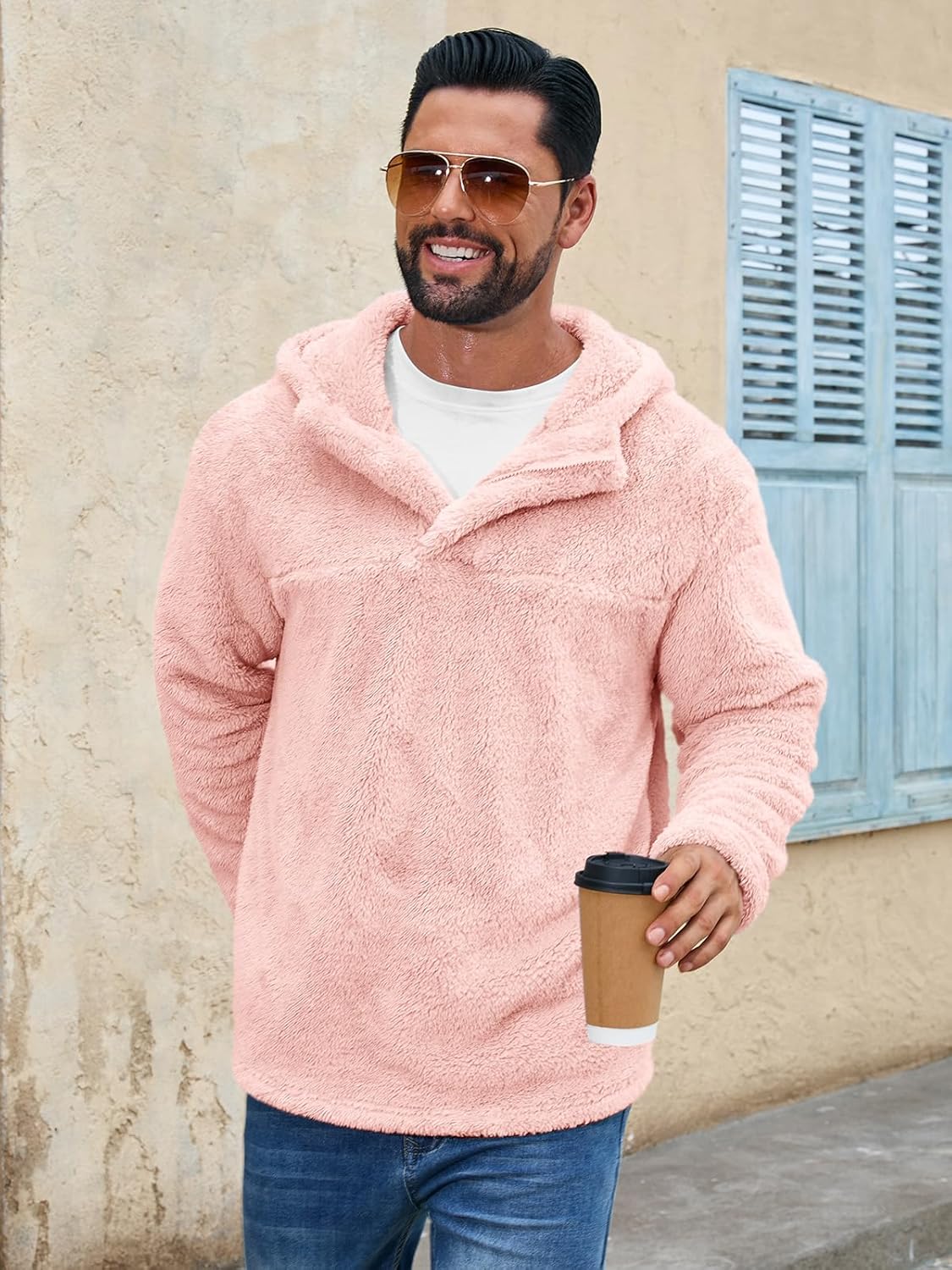 Runcati Mens Fuzzy Sherpa Hoodies Pullover Quarter Zip Long Sleeve Sweatshirts Fall Winter Outwear Casual Fleece Hooded - Image 2