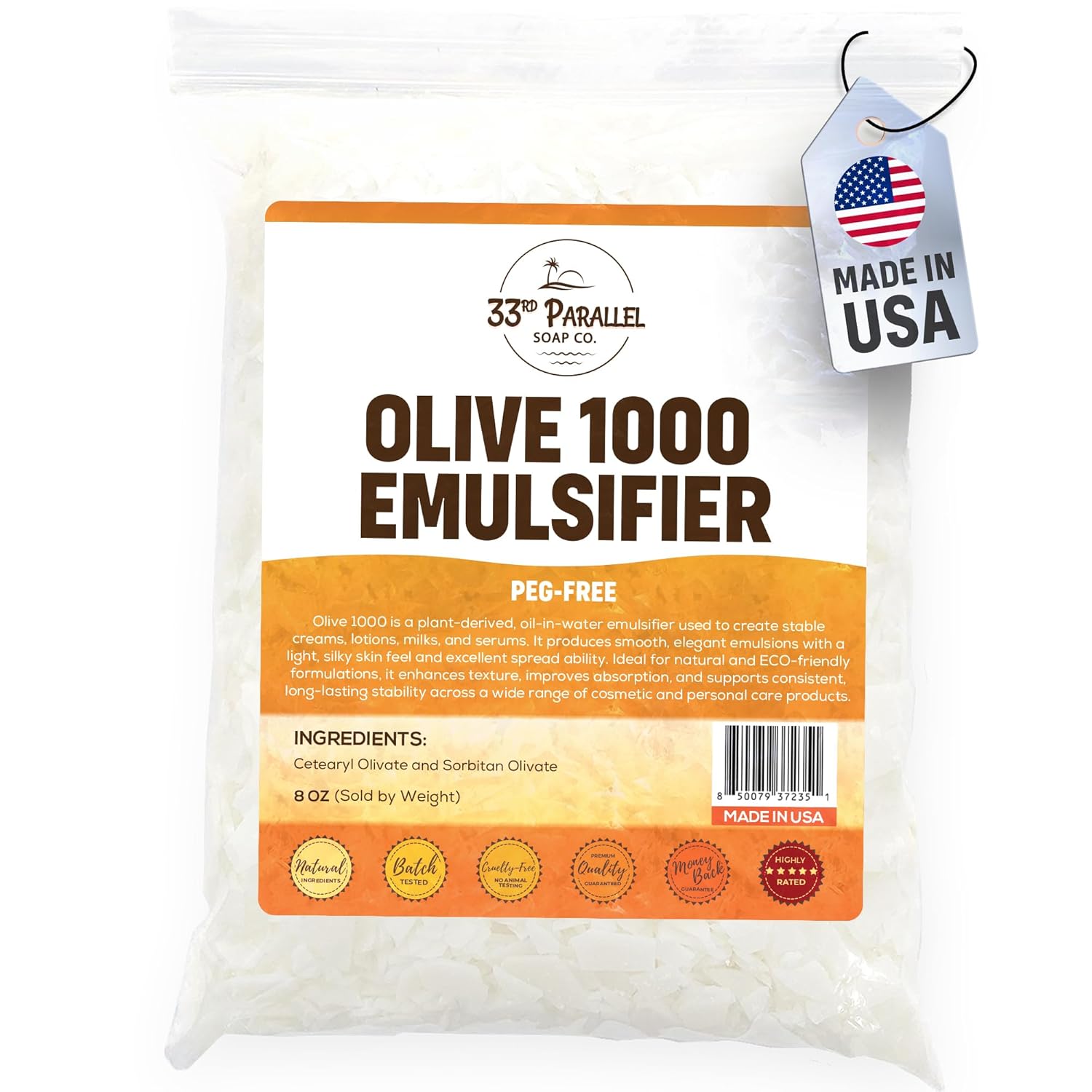 Olive 1000 Emulsifier (8oz) – Natural PEG-Free Emulsifying Wax for Lotion, Cream & Conditioner – Olive-Derived O/W Emulsifier for DIY Skincare & Haircare | 8 OUNCE