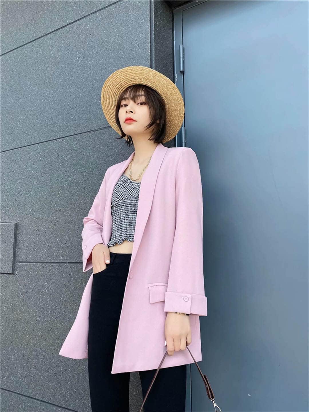 Women Solid Color Long Blazer Pleated Sleeve Loose Coat Office Lady Work Style Small Button Jacket