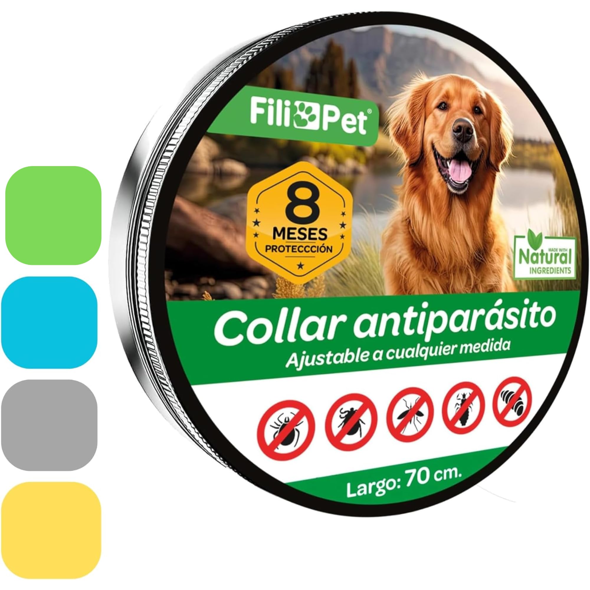 Collar Antiparasitario Perros | Eficaz contra Pulgas, Garrapatas, Mosquitos y Piojos | Resistente al Agua | Ajustable y de Color Amarillo | 8 Meses de Protección 70cm