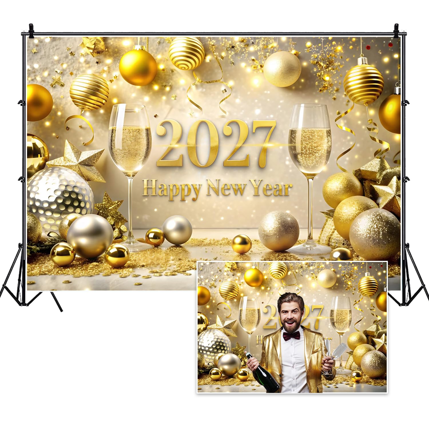 20x10ft Glitter 2026 Felice Anno Nuovo Banner Sfondo Lusso Oro 2026 Fotografia Sfondo Buon Natale e Felice Anno Nuovo Festa di Carnevale Newyears Eve Party Supplies Xmas Holiday Decor