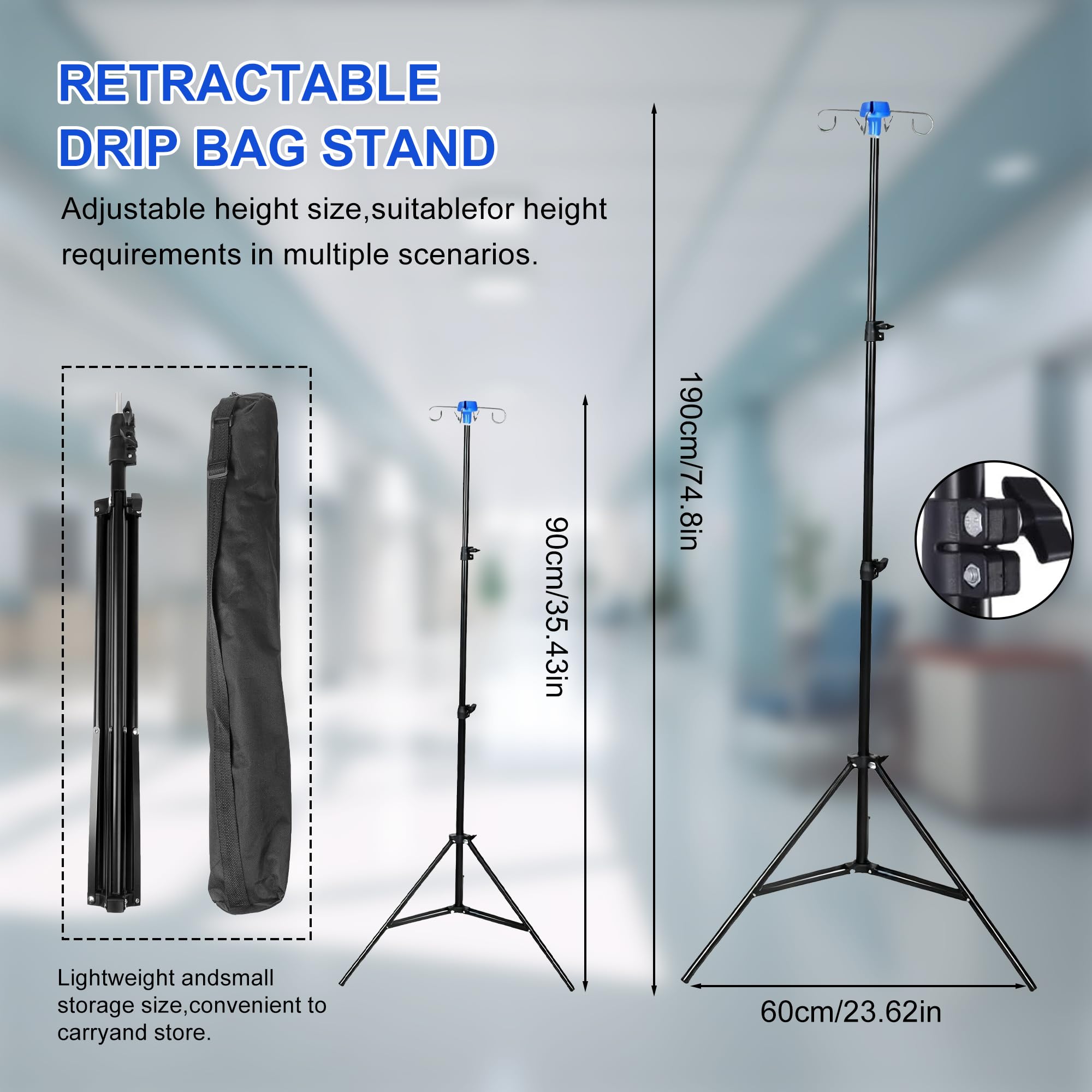 Infusionsständer, zusammenklappbares Infusions-Dreibeinstativ, tragbarer mobiler Infusionsständer 190 cm/75 Zoll, höhenverstellbar mit 4 Haken und 3 Bremsrädern, mobiler Infusionsständer für die häusl