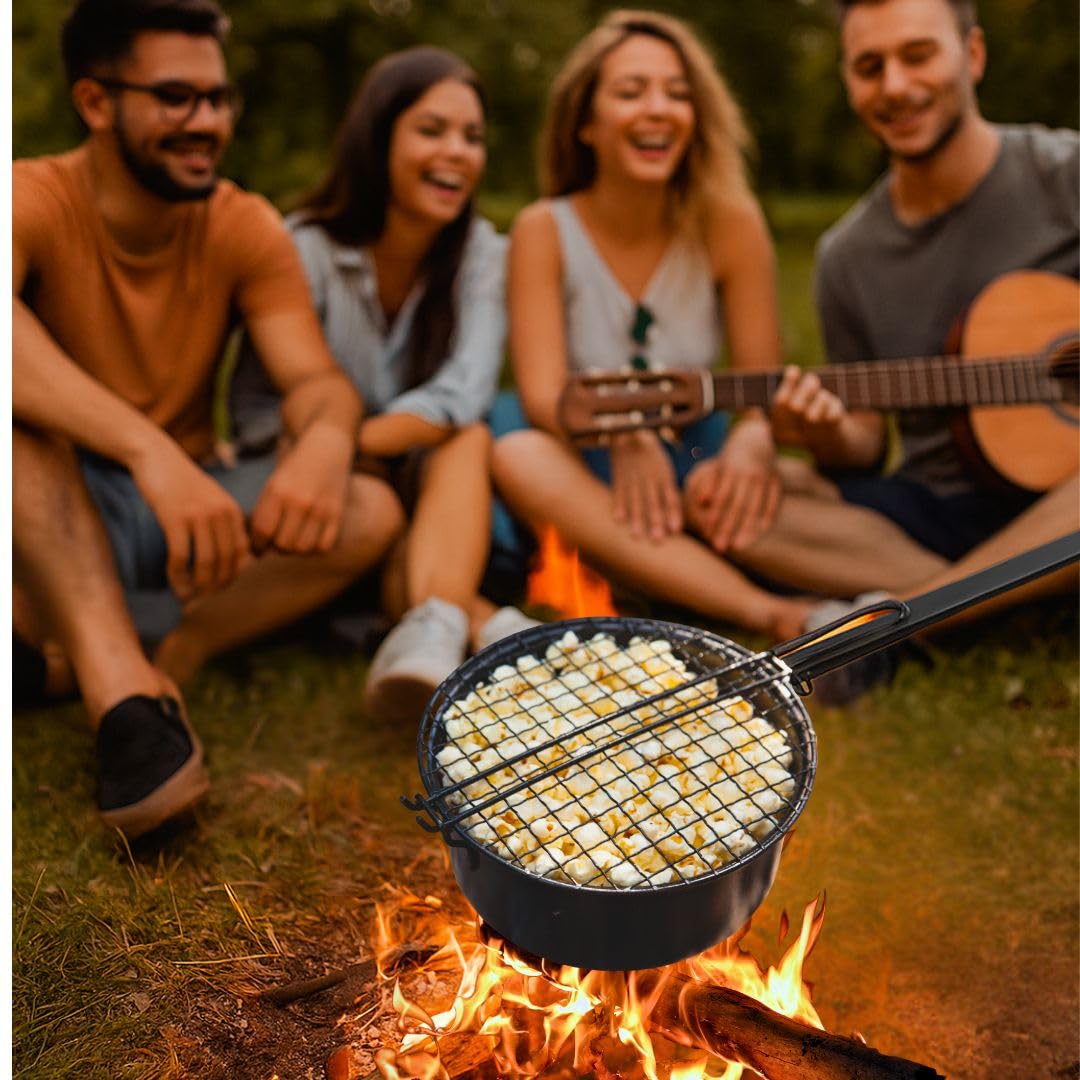 Poêle à pop-corn à feu ouvert et machine à popcorn à manche long avec couvercle à barbecue, idéale pour le camping et la machine à popcorn, machine à popcorn