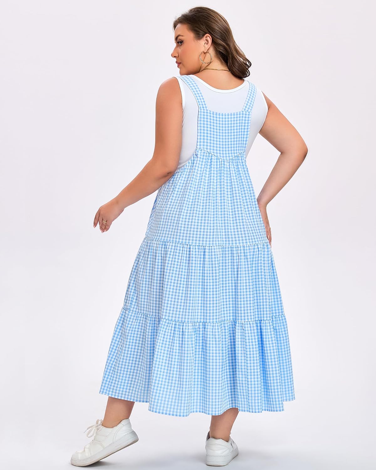 Moon Wood Women Plus Size Plaid Overall Dress with Pockets Adjustable Strap Jumper Dress Summer Casual Tiered Maxi Dress