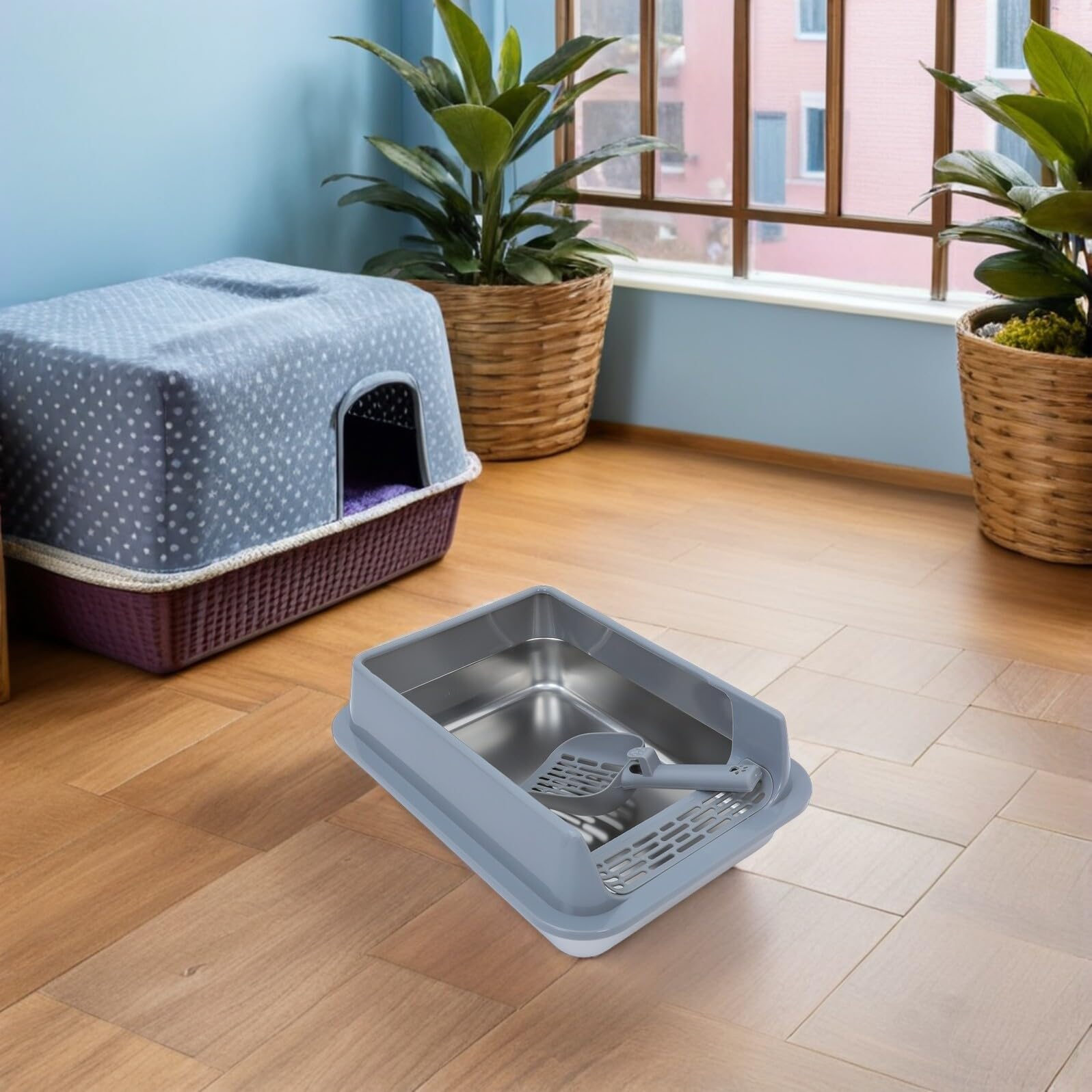 DOITOOL Bandeja de Arena para Gatos de Acero Inoxidable Mediana con Tapa Metálica Gris Caja Cerrada Antiadherente para Uso Doméstico Interior y Exterior Accesorios Gatos Caja de Arena