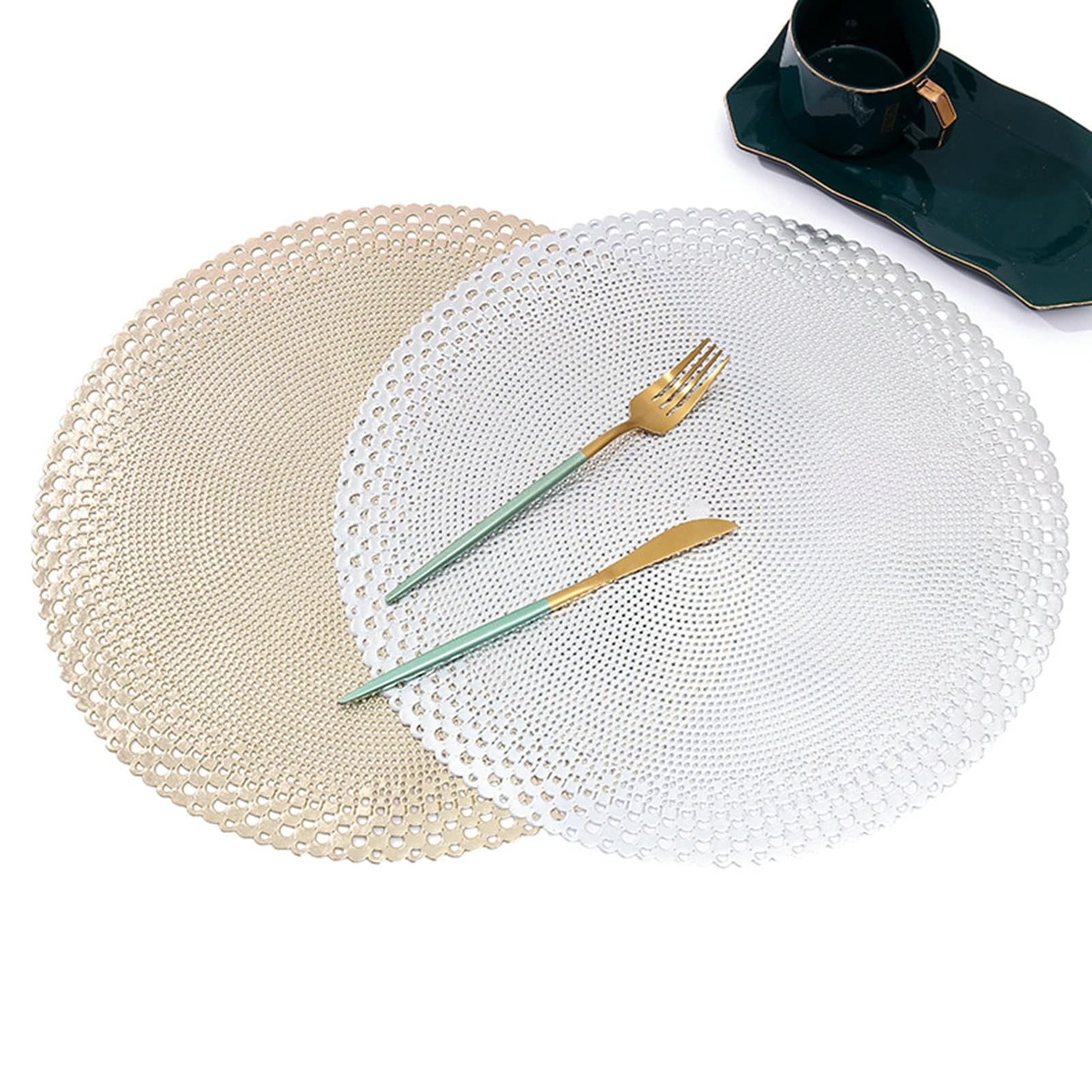 Juego de 10 manteles individuales de PVC con un paño, huecos, redondos, lavables, diseño para mesa, bar y cocina, dorado, 38 cm
