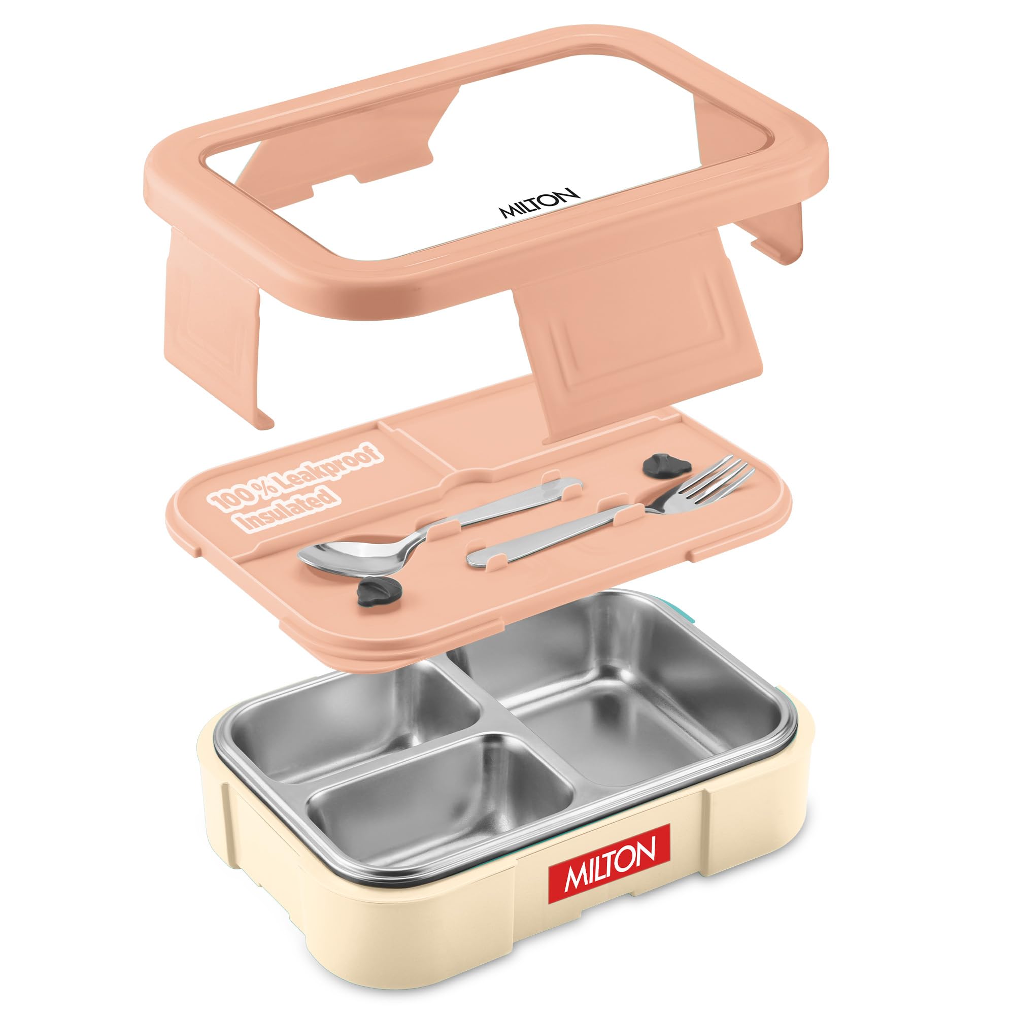 MILTON Ethan 3 Inner Stainless Steel Tiffin Box for School, 3 Partition, Steam Release Plug | PU Insulated, Leak-Proof, Food Grade I Lunch Box for Kids Boys, Girls with Snap Lock Lid, 600 ml, Ivory