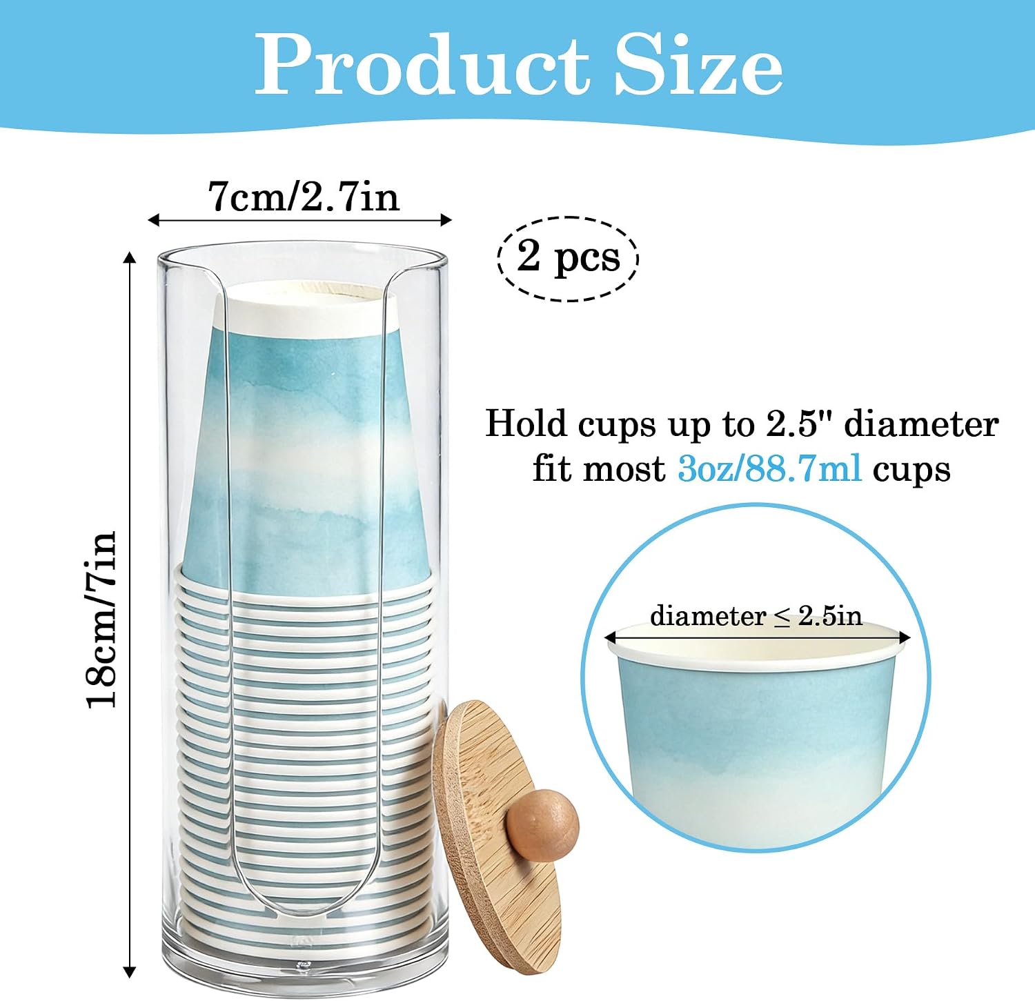 2-Pack Bathroom Cup Dispenser, Mouthwash Cup Holder for 3 oz Disposable Paper and Plastic Cups with Bamboo Lid, Cup Organizer for Bathroom, Kitchen, Office, Clear