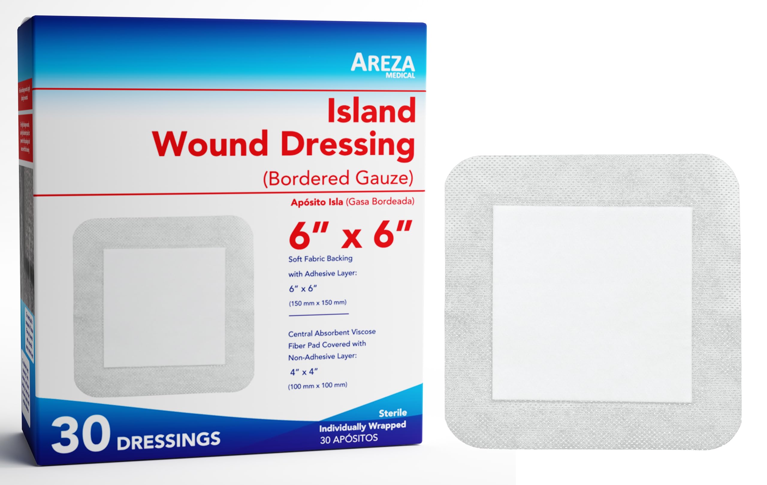 Areza Medical - Bordered Gauze Island Dressing - Wound Dressing - Latex Free - sterile - 6" x 6" - 30 per Box
