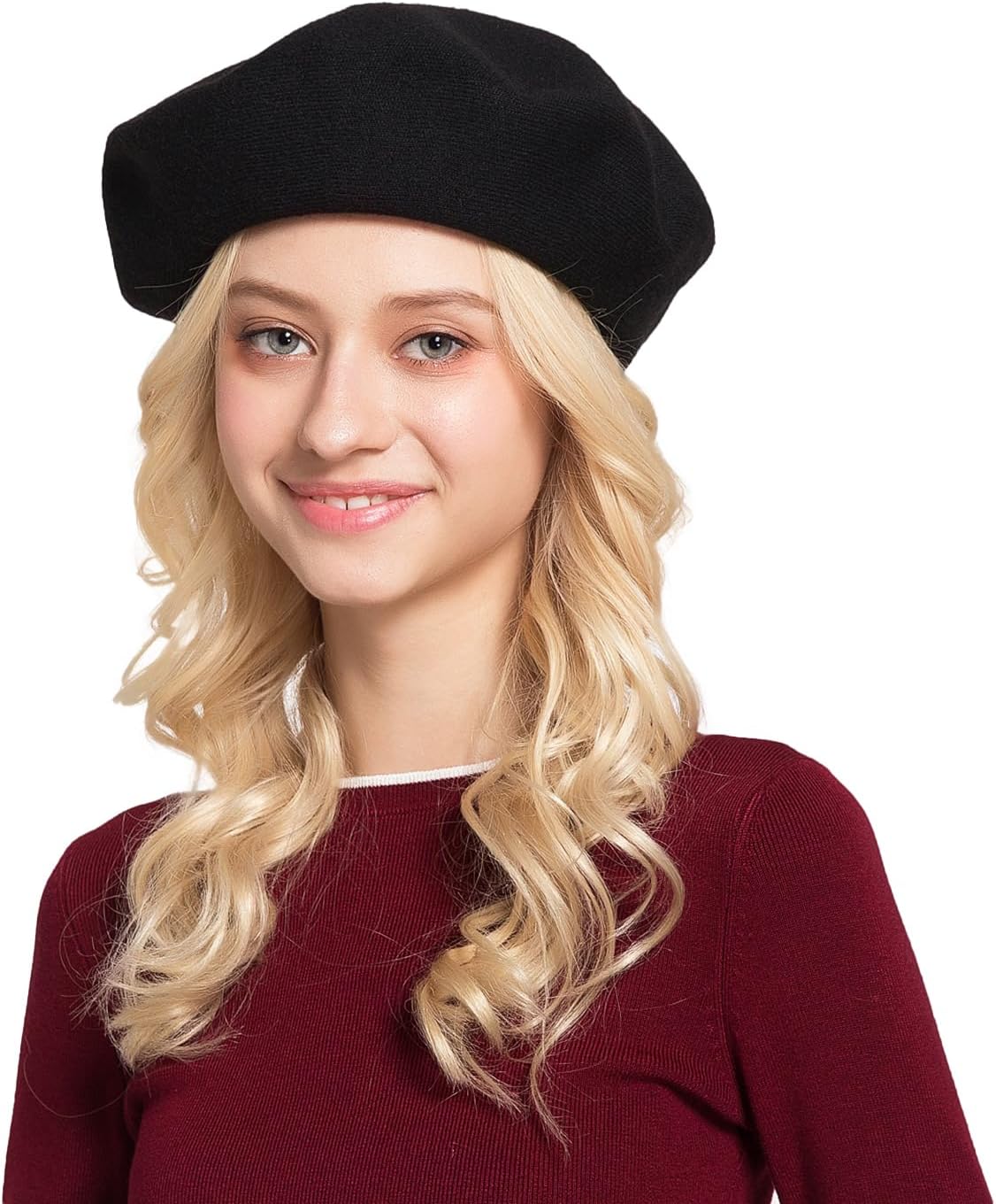 Women French Wool Beret Hats - Reversible Solid Color Classic Beanie Winter Cap