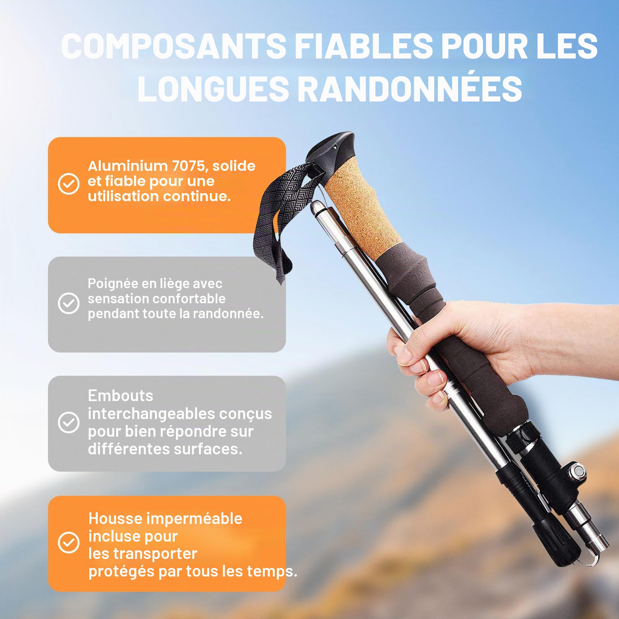 Bâtons de trekking pliables, 2 bâtons de randonnée, aluminium 7075, légers, réglables de 120 à 135 cm, manche en liège, 4 paires de butées, ajustement rapide, montagne, marche nordique, trail, course